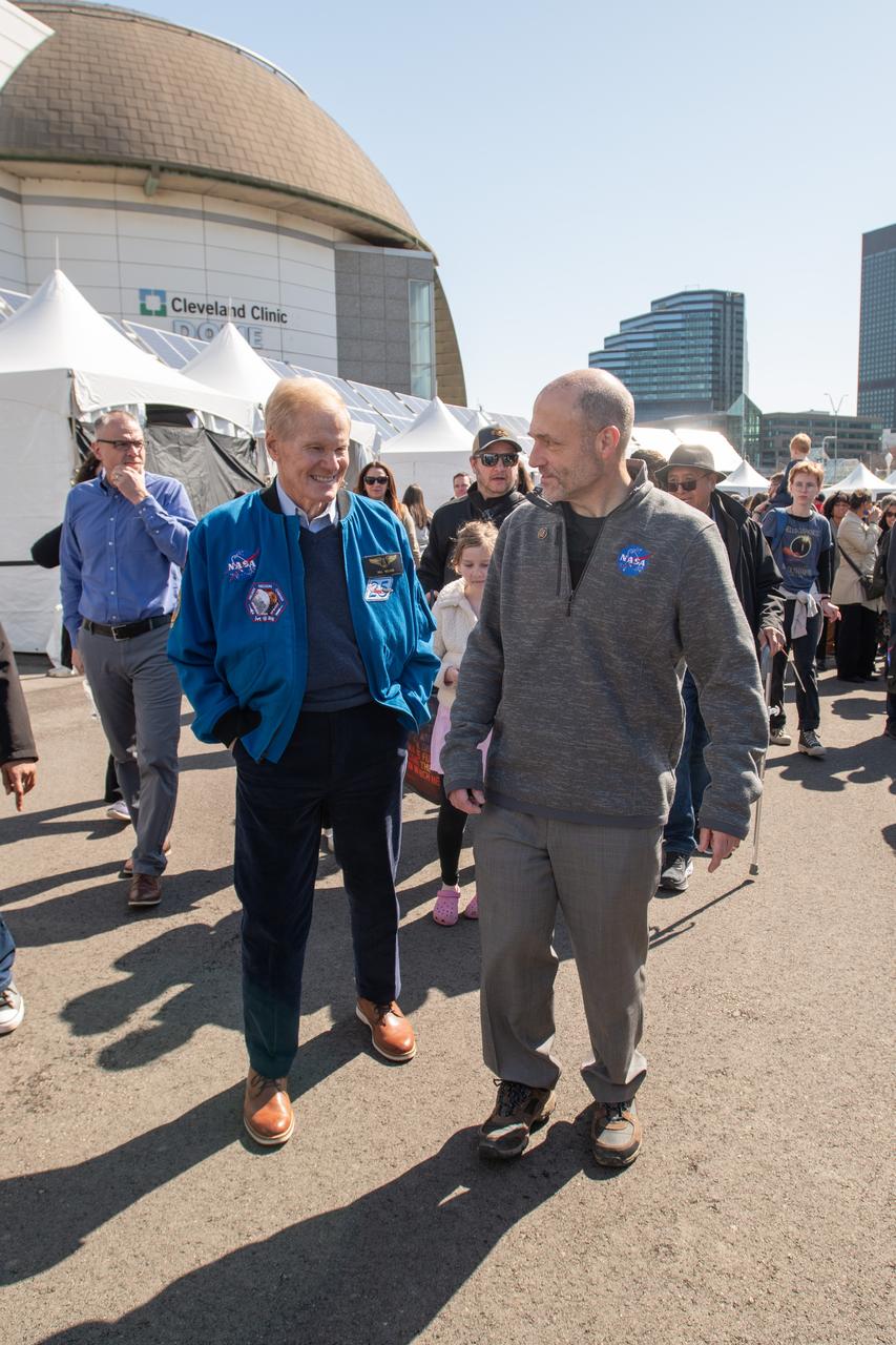 Administrator Bill Nelson and GRC Center director Jimmy walk through NASA village. NASA Glenn Research Center and the Great Lakes Science Center hosted a three-day celestial celebration in downtown Cleveland, OH. This free, outdoor, family-friendly science and arts festival will feature free concerts, performances, speakers, and hands-on science activities with community partners. A total solar eclipse swept across a narrow portion of the North American continent from Mexico’s Pacific coast to the Atlantic coast of Newfoundland, Canada. A partial solar eclipse was visible across the entire North American continent along with parts of Central America and Europe. 