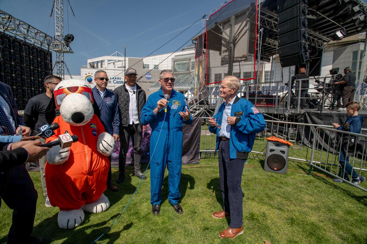 Administrator Bill Nelson, Snoopy and Astronaut Stephen Bowen speak to the media on April 8th. NASA Glenn Research Center and the Great Lakes Science Center hosted a three-day celestial celebration in downtown Cleveland, OH. This free, outdoor, family-friendly science and arts festival will feature free concerts, performances, speakers, and hands-on science activities with community partners. A total solar eclipse swept across a narrow portion of the North American continent from Mexico’s Pacific coast to the Atlantic coast of Newfoundland, Canada. A partial solar eclipse was visible across the entire North American continent along with parts of Central America and Europe. 