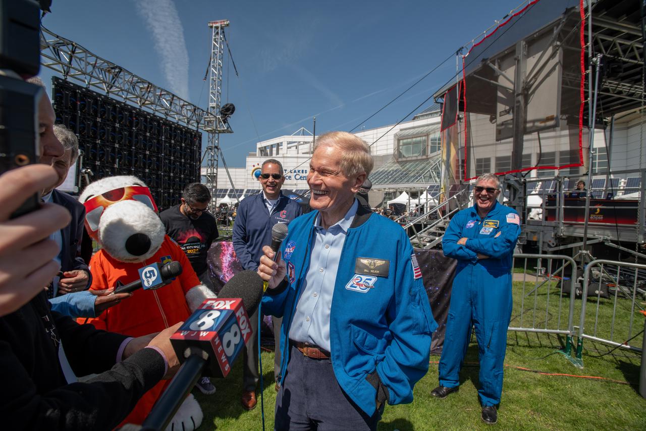 Administrator Bill Nelson, Snoopy and Astronaut Stephen Bowen speak to the media on April 8th.  NASA Glenn Research Center and the Great Lakes Science Center hosted a three-day celestial celebration in downtown Cleveland, OH. This free, outdoor, family-friendly science and arts festival will feature free concerts, performances, speakers, and hands-on science activities with community partners. A total solar eclipse swept across a narrow portion of the North American continent from Mexico’s Pacific coast to the Atlantic coast of Newfoundland, Canada. A partial solar eclipse was visible across the entire North American continent along with parts of Central America and Europe. 