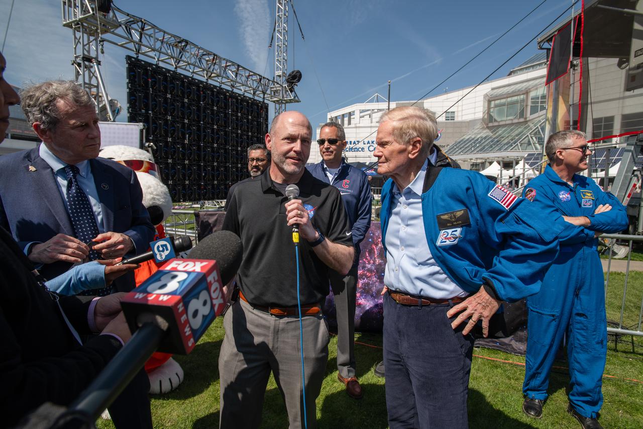 Senator Sherrod Brown, GRC Center Director Jimmy Kenyon and Administrator Bill Nelson speak to the media on April 8th.  NASA Glenn Research Center and the Great Lakes Science Center hosted a three-day celestial celebration in downtown Cleveland, OH. This free, outdoor, family-friendly science and arts festival will feature free concerts, performances, speakers, and hands-on science activities with community partners. A total solar eclipse swept across a narrow portion of the North American continent from Mexico’s Pacific coast to the Atlantic coast of Newfoundland, Canada. A partial solar eclipse was visible across the entire North American continent along with parts of Central America and Europe. 