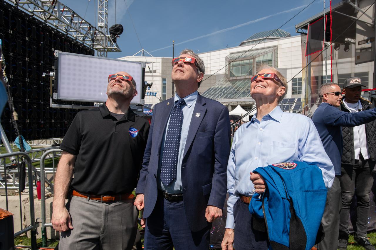 GRC Center Director Jimmy Kenyon, Senator Sherrod Brown and Administrator Bill Nelson view the eclipse together on April 8th.  NASA Glenn Research Center and the Great Lakes Science Center hosted a three-day celestial celebration in downtown Cleveland, OH. This free, outdoor, family-friendly science and arts festival will feature free concerts, performances, speakers, and hands-on science activities with community partners. A total solar eclipse swept across a narrow portion of the North American continent from Mexico’s Pacific coast to the Atlantic coast of Newfoundland, Canada. A partial solar eclipse was visible across the entire North American continent along with parts of Central America and Europe. 