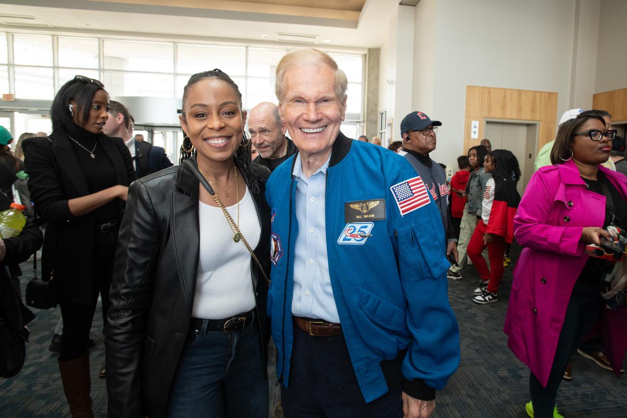Representative Shontel Brown and Administrator Bill Nelson pose for a photo together with solar eclipse glasses on.  NASA Glenn Research Center and the Great Lakes Science Center hosted a three-day celestial celebration in downtown Cleveland, OH. This free, outdoor, family-friendly science and arts festival will feature free concerts, performances, speakers, and hands-on science activities with community partners. A total solar eclipse swept across a narrow portion of the North American continent from Mexico’s Pacific coast to the Atlantic coast of Newfoundland, Canada. A partial solar eclipse was visible across the entire North American continent along with parts of Central America and Europe. 