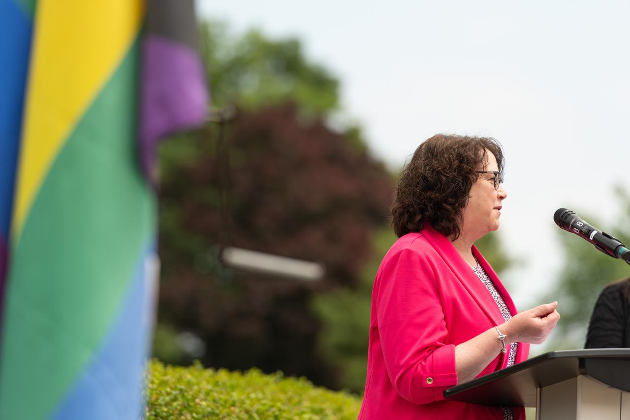 NASA Glenn’s Rainbow Alliance Advisory Group hosted an in-person and livestreamed Pride flag raising ceremony at the building 3 flagpole on June 3, 2024. The event included remarks from Deputy Director Dawn Schaible and NASA Safety Center Director Harmony Myers.  Flag raising events such as this are times for LGBTQ+ employees and their allies to come together to celebrate the progress made in the quest for safety, tolerance, acceptance, rights, happiness, and freedom for the LGBTQ+ community on- and off-site of the center.