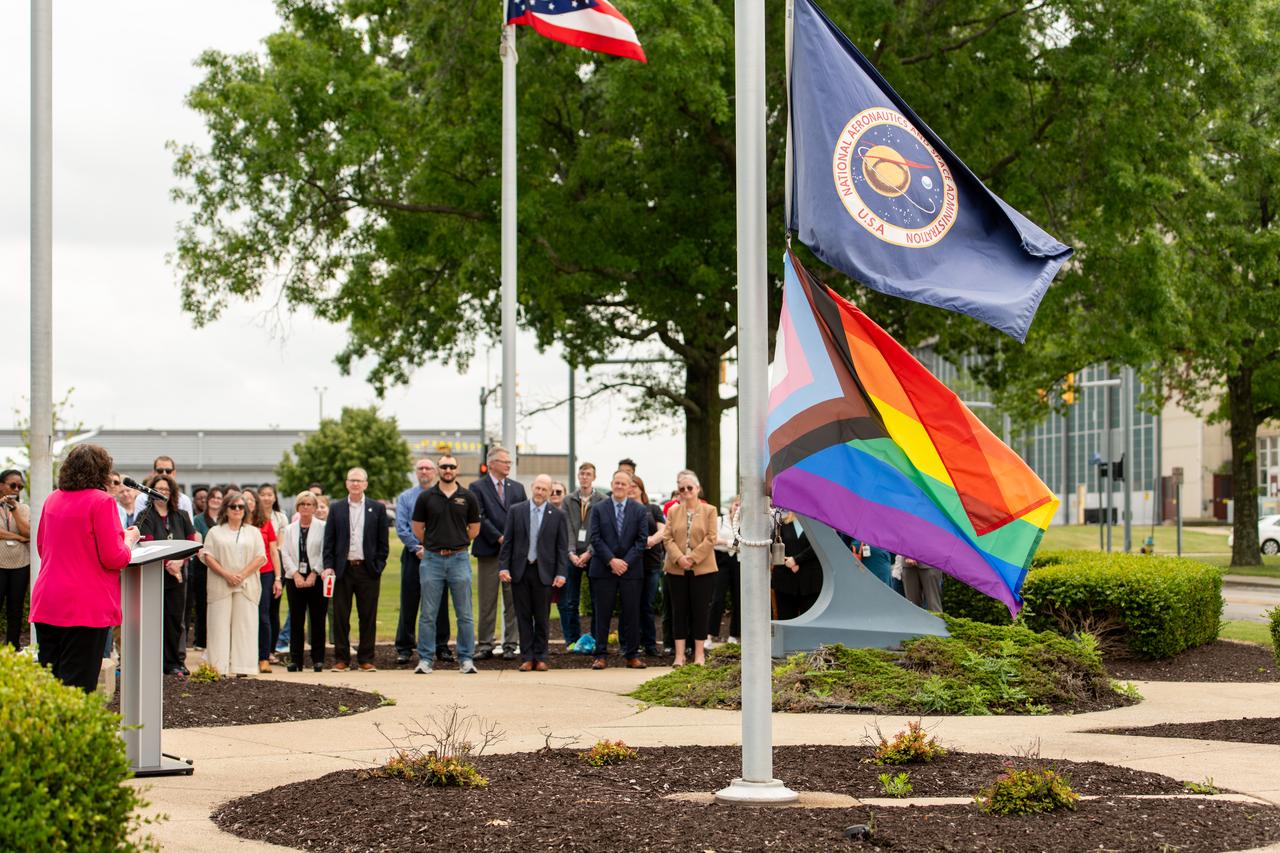 NASA Glenn’s Rainbow Alliance Advisory Group hosted an in-person and livestreamed Pride flag raising ceremony at the building 3 flagpole on June 3, 2024. The event included remarks from Deputy Director Dawn Schaible and NASA Safety Center Director Harmony Myers.  Flag raising events such as this are times for LGBTQ+ employees and their allies to come together to celebrate the progress made in the quest for safety, tolerance, acceptance, rights, happiness, and freedom for the LGBTQ+ community on- and off-site of the center.