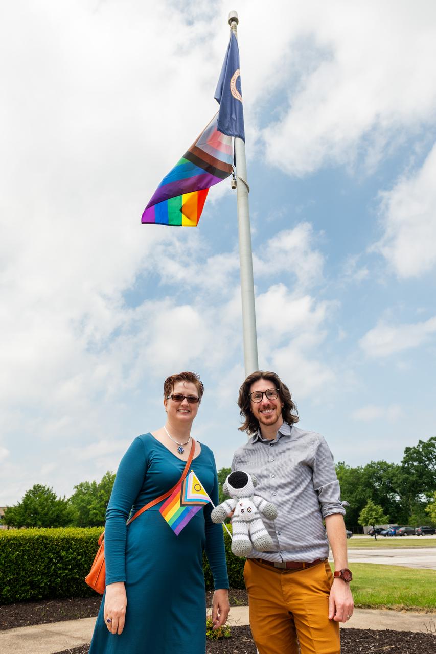 NASA Glenn’s Rainbow Alliance Advisory Group hosted an in-person and livestreamed Pride flag raising ceremony at the building 3 flagpole on June 3, 2024. The event included remarks from Deputy Director Dawn Schaible and NASA Safety Center Director Harmony Myers.  Flag raising events such as this are times for LGBTQ+ employees and their allies to come together to celebrate the progress made in the quest for safety, tolerance, acceptance, rights, happiness, and freedom for the LGBTQ+ community on- and off-site of the center.  Pictured here are Co-Chairs of the Rainbow Alliance Advisory Group Jessica Reinert and Matthew Huffman. 