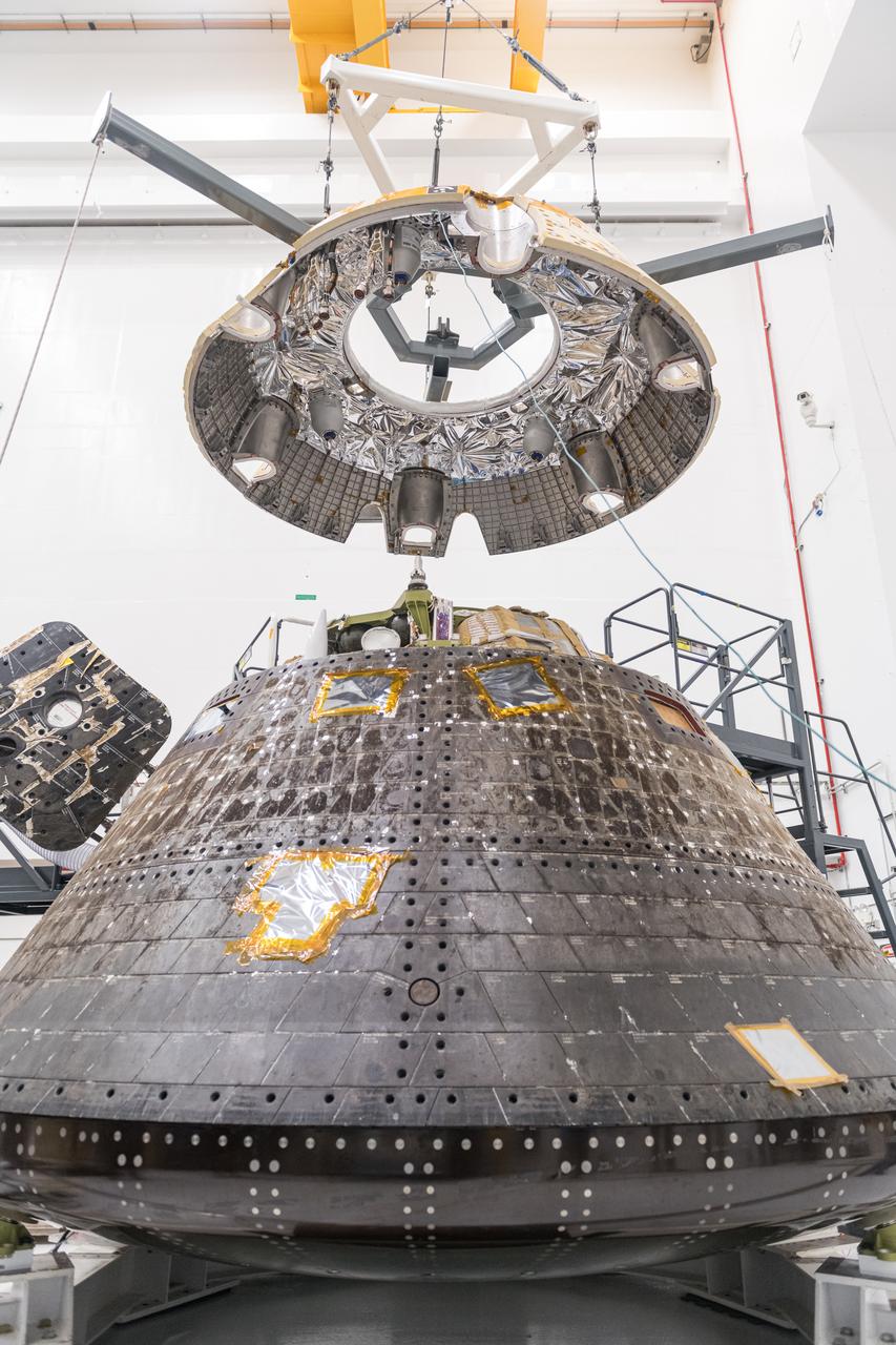 The Orion Crew Module, also known as the Orion Environmental Test Article (ETA), prepares for testing by installing the Forward Bay Cover. The Crew Module returned to NASA’s Neil Armstrong Test Facility in Sandusky, Ohio, in January 2024 and completed an 11-month test campaign necessary for the safety and success of Artemis II. Photo Credit: (NASA/Jordan Salkin)