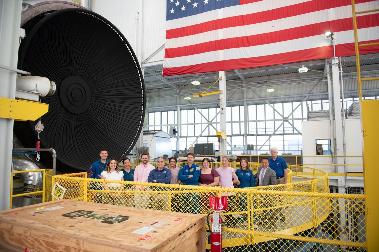Tours were given of the In Space Propulsion Facility (ISP) in Sandusky, OH at Neil Armstrong Test Facility. NASA’s Facility is the world’s only high altitude test facility capable of full-scale rocket engine and launch vehicle system level tests. The facility supports mission profile thermal vacuum simulation and engine firing.  From Left to Right: Jeremy Hansen, Allison Tankersley, Kathryn Oriti, Jan-Henrik Horstmann, Carlos Garcia-Galan, Penelope Garcia-Galan, Reid Wiseman, Jessica Isabell, Tiffany O'Rourke, Howard Hu, General David Stringer.   Commander Reid Wiseman and Mission Specialists Christina Koch and Jeremy Hansen will be on hand to discuss their upcoming mission and participate in a Question and Answer session with employees afterward. Hansen is an astronaut with the Canadian Space Agency. Victor Glover, the pilot and fourth crew member, will not be present. Photo Credit: (NASA/Sara Lowthian-Hanna)