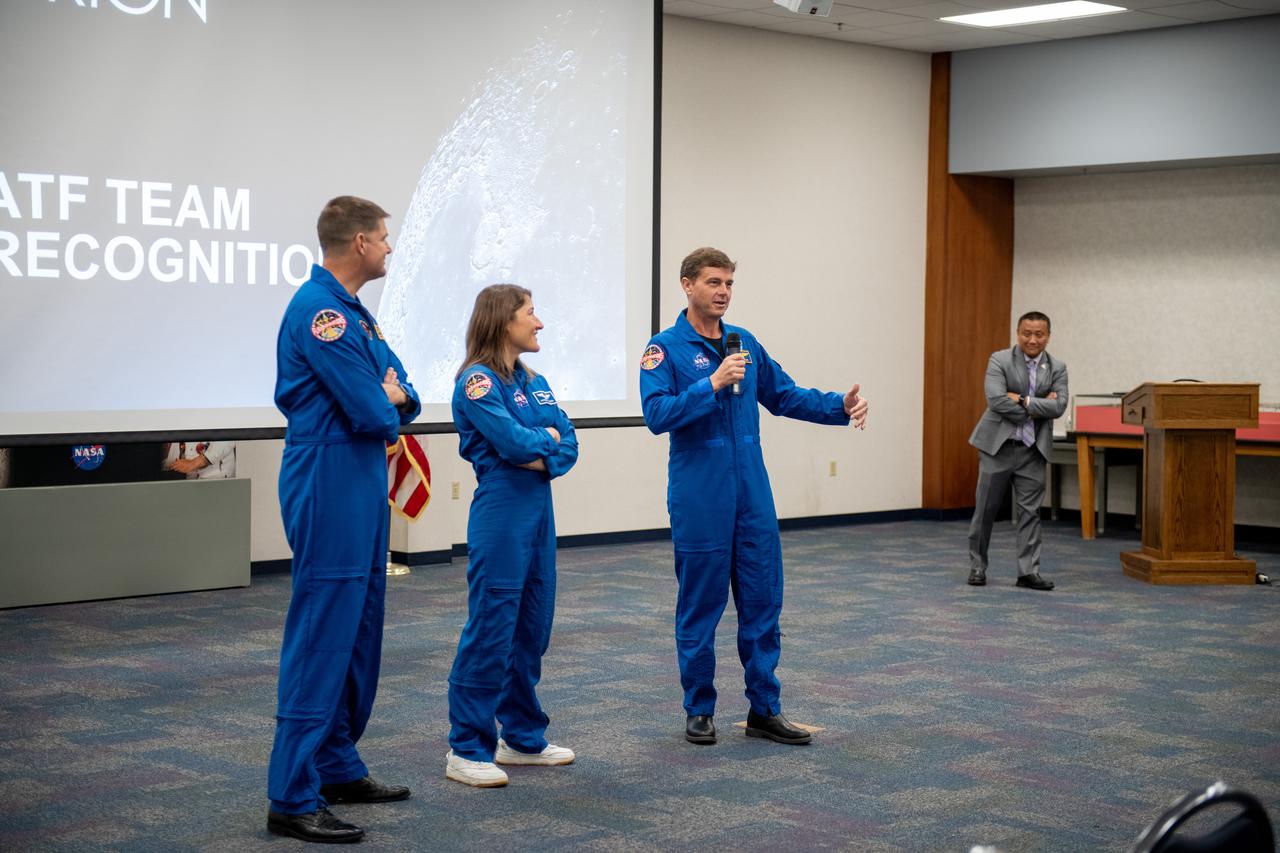 Employees meet three of the four astronauts who will venture around the Moon on Artemis II, the first crewed flight paving the way for future lunar surface missions. Commander Reid Wiseman and Mission Specialists Christina Koch and Jeremy Hansen will be on hand to discuss their upcoming mission and participate in a Question and Answer session with employees afterward. Hansen is an astronaut with the Canadian Space Agency. Victor Glover, the pilot and fourth crew member, will not be present.   Awards were given to employees that participated in Orion for Artemis I.  The crew of four astronauts will lift off on an approximately 10-day mission from Launch Complex 39B at NASA’s Kennedy Space Center in Florida, blazing beyond Earth’s grasp atop the agency’s mega Moon rocket. The crew will check out Orion’s systems and perform a targeting demonstration test relatively close to Earth before venturing around the Moon.