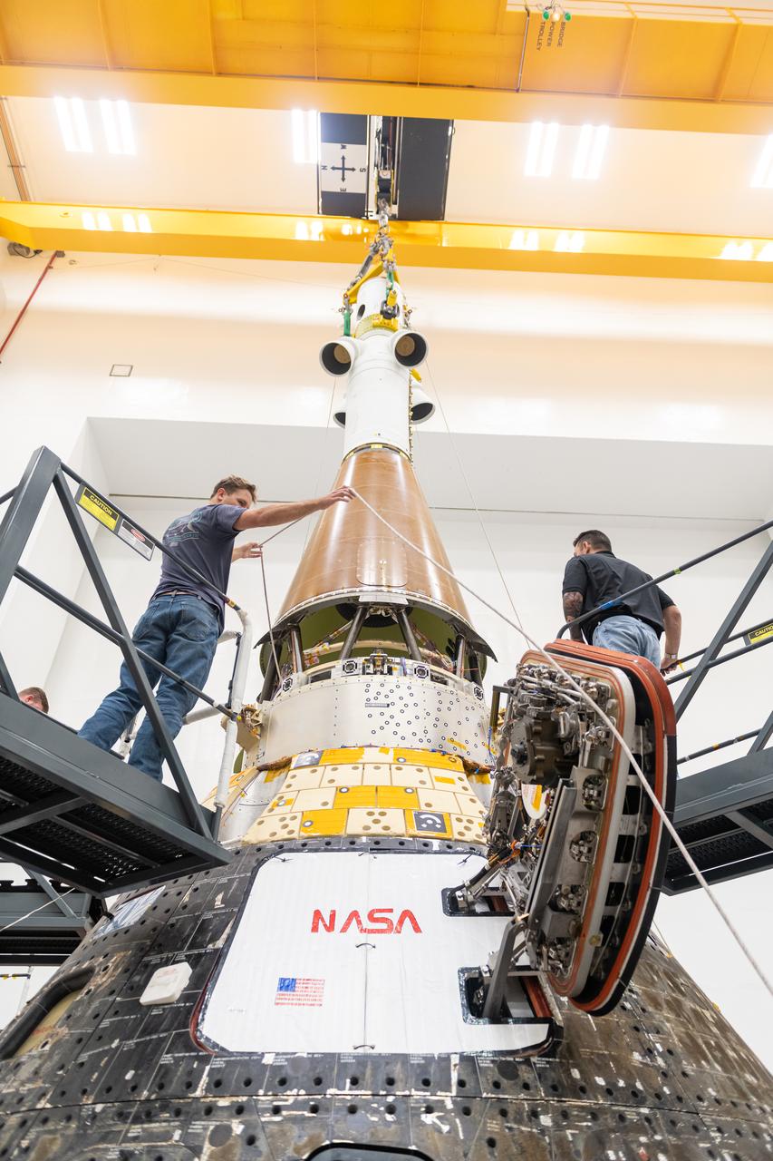 The Launch Abort Systems gets installed on to the Orion Crew Module, also known as the Orion Environmental Test Article (ETA), in preparation for testing at the Space Environments Complex at NASA’s Neil Armstrong Test Facility in Sandusky, Ohio. The ETA completed an 11-month test campaign in 2024 necessary for the safety and success of Artemis II. Photo Credit: (NASA/Jordan Salkin)