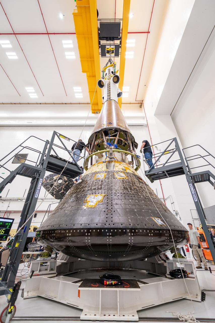 The Launch Abort Systems gets installed on to the Orion Crew Module, also known as the Orion Environmental Test Article (ETA), in preparation for testing at the Space Environments Complex at NASA’s Neil Armstrong Test Facility in Sandusky, Ohio. The ETA completed an 11-month test campaign in 2024 necessary for the safety and success of Artemis II. Photo Credit: (NASA/Jordan Salkin)