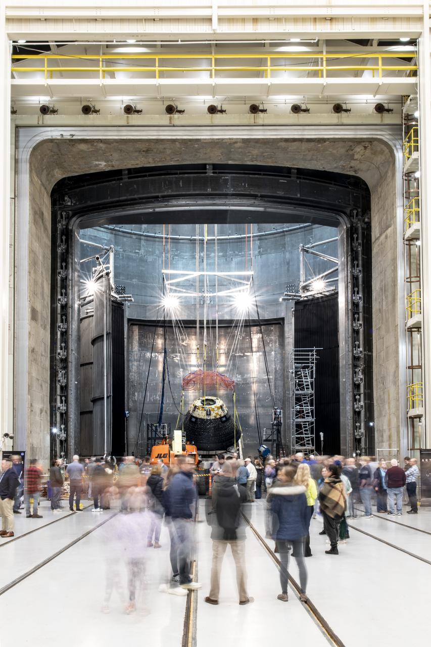 Employees supporting Artemis were invited to attend an appreciation event, “The Road to the Moon,” at Armstrong Test Facility in Sandusky, Ohio.  On Thursday, Nov. 21, please join NASA employees and support service contractors for Artemis Friends and Family Day. Employees had the opportunity to hear from center leadership and see the Orion module that flew around the Moon and back during 2022’s Artemis I mission.   Lockheed Martin presented an article flown on Artemis I to Robert Overy.   Experts have subjected the spacecraft to extreme conditions in Armstrong’s test facilities. This significant testing is slated to wrap up in December, and we want to give you a chance to see the capsule before the conclusion of the test campaign. Photo Credit: (NASA/Sara Lowthian-Hanna)