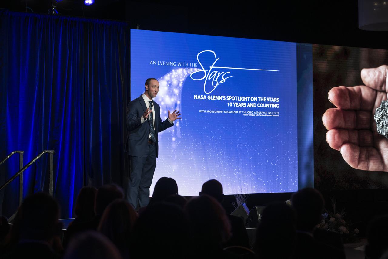 NASA Glenn's Spotlight on the Stars, 10 Years and Counting was held at Windows on the River in Cleveland, OH on November 20th, 2024. Sponsorship organized by the Ohio Aerospace Institute. Welcome by Dennis Andersh, CEO and President, Parallax Advanced Research, Ohio Aerospace Institute. Remarks by Terrence Slaybaugh, Vice President of Sites and Infrastructure, JobsOhio. Introduction of 10th Anniversary Video, Dr. Wanda Peters, Acting Deputy Director, NASA Glenn Research Center. Remarks/Introduction of Presenters, Dr. James Kenyon, Director, NASA Glenn Research Center. Keynote Speakers: Nikki Welch, NASA Glenn Communications, Connecting People to the Mission. Timothy Smith, NASA Glenn's Superalloy Achievements. Carlos Garcia-Galan, Dreaming of Going to the Moon. Photo Credit: (NASA/Sara Lowthian-Hanna)