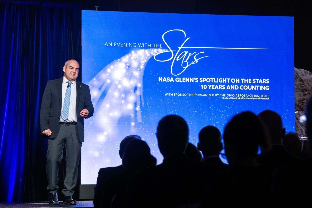 NASA Glenn's Spotlight on the Stars, 10 Years and Counting was held at Windows on the River in Cleveland, OH on November 20th, 2024. Sponsorship organized by the Ohio Aerospace Institute. Welcome by Dennis Andersh, CEO and President, Parallax Advanced Research, Ohio Aerospace Institute. Remarks by Terrence Slaybaugh, Vice President of Sites and Infrastructure, JobsOhio. Introduction of 10th Anniversary Video, Dr. Wanda Peters, Acting Deputy Director, NASA Glenn Research Center. Remarks/Introduction of Presenters, Dr. James Kenyon, Director, NASA Glenn Research Center. Keynote Speakers: Nikki Welch, NASA Glenn Communications, Connecting People to the Mission. Timothy Smith, NASA Glenn's Superalloy Achievements. Carlos Garcia-Galan, Dreaming of Going to the Moon.
