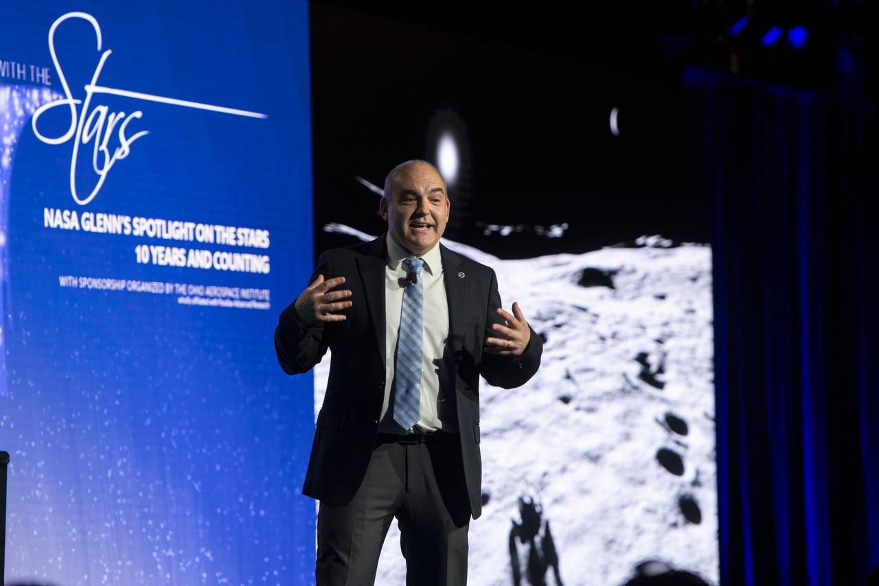 NASA Glenn's Spotlight on the Stars, 10 Years and Counting was held at Windows on the River in Cleveland, OH on November 20th, 2024. Sponsorship organized by the Ohio Aerospace Institute. Welcome by Dennis Andersh, CEO and President, Parallax Advanced Research, Ohio Aerospace Institute. Remarks by Terrence Slaybaugh, Vice President of Sites and Infrastructure, JobsOhio. Introduction of 10th Anniversary Video, Dr. Wanda Peters, Acting Deputy Director, NASA Glenn Research Center. Remarks/Introduction of Presenters, Dr. James Kenyon, Director, NASA Glenn Research Center. Keynote Speakers: Nikki Welch, NASA Glenn Communications, Connecting People to the Mission. Timothy Smith, NASA Glenn's Superalloy Achievements. Carlos Garcia-Galan, Orion Program’s European Service Module Integration Office at Glenn Research Center, Dreaming of Going to the Moon.