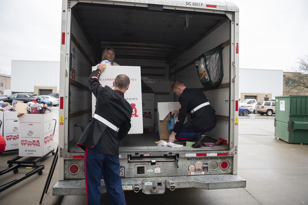 The US Marine Corps Reserve Collected Toy Donations for the 2024 Holiday Season on December 9, 2024 at Glenn Research Center. Photo Credit: (NASA/Sara Lowthian-Hanna)