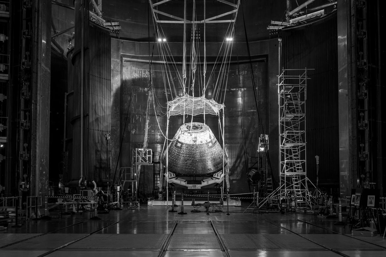 The Orion Crew Module, also known as the Orion Environmental Test Article (ETA), returned to NASA’s Neil Armstrong Test Facility in Sandusky, Ohio, in January 2024 and completed an 11-month test campaign necessary for the safety and success of Artemis II. In November 2024, experts completed the Forward Bay Cover jettison test, which is the last piece that must eject right before parachutes deploy. This image shows the setup right before the FBC deployment test. Photo Credit: (NASA/Jordan Salkin)