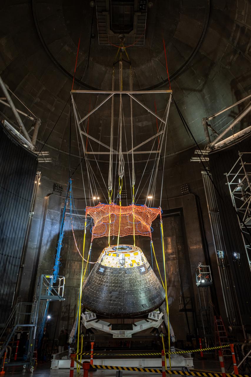 The Orion Crew Module, also known as the Orion Environmental Test Article (ETA), returned to NASA’s Neil Armstrong Test Facility in Sandusky, Ohio, in January 2024 and completed an 11-month test campaign necessary for the safety and success of Artemis II. In November 2024, experts completed the Forward Bay Cover jettison test, which is the last piece that must eject right before parachutes deploy. This image shows the setup right before the FBC deployment test. Photo Credit: (NASA/Jordan Salkin)