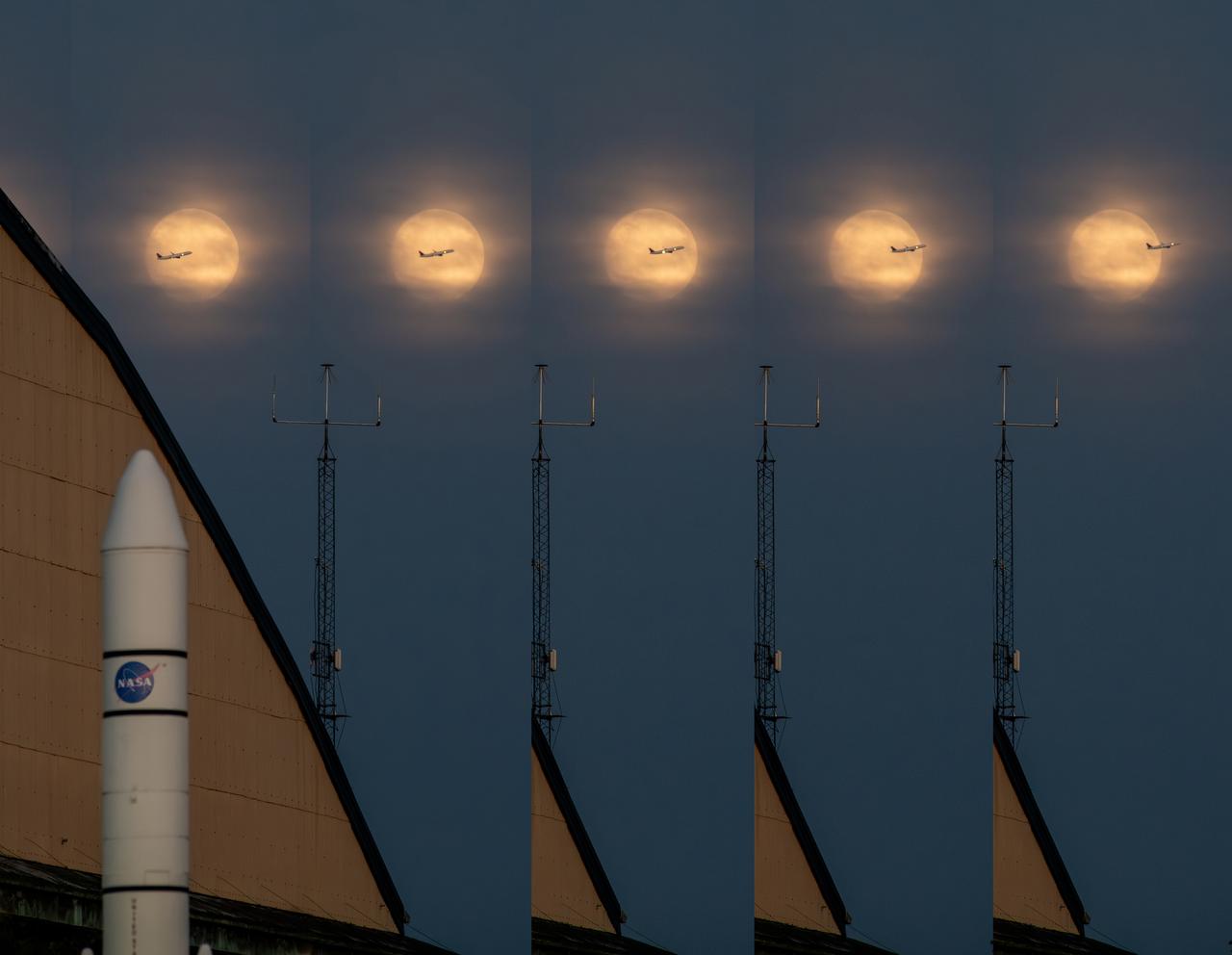 While photographing the Supermoon on September 17, 2024 for a NASA GRC Aerospace Frontiers article on the 2024 Supermoon, a plane departing Cleveland Hopkins Airport flew right through the middle of the moon. The photographer used a portion of the rocket garden’s Ares 1 rocket and a corner of the NASA GRC hangar building to frame the photograph of the moon. When the plane was seen approaching, the photographer used continuous shutter speed in hopes of capturing the plane and the moon together