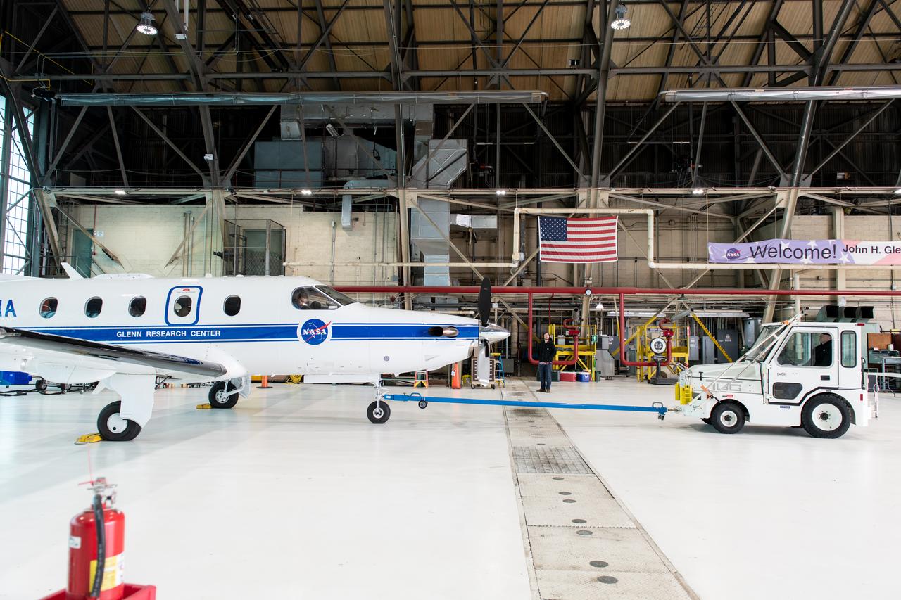 Jeremy Johnson leaving the hangar for a test flight in NASA Glenn Research Center’s PC-12 aircraft on Wednesday, April 16, 2025.