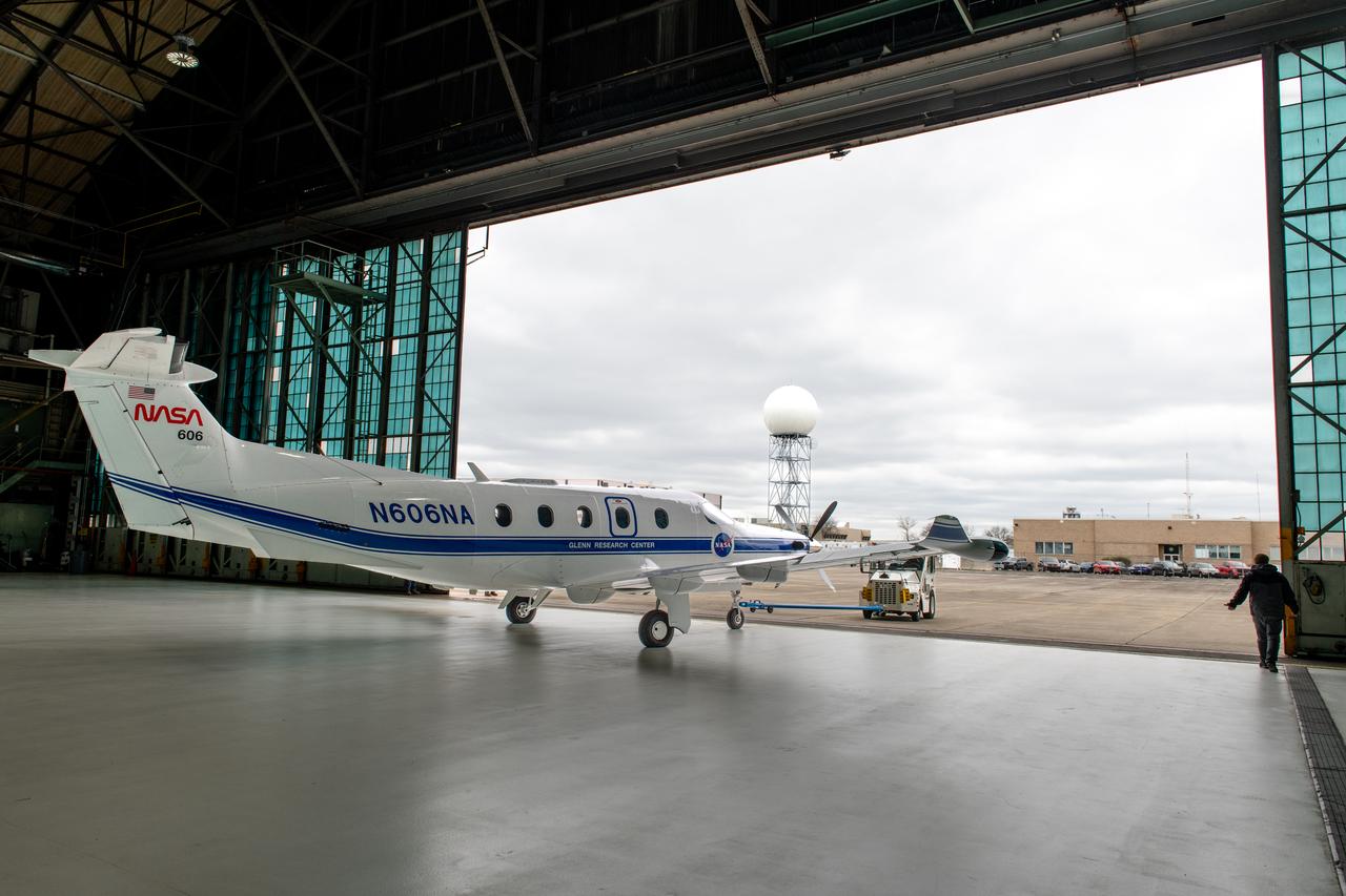 Jeremy Johnson leaving the hangar for a test flight in NASA Glenn Research Center’s PC-12 aircraft on Wednesday, April 16, 2025.