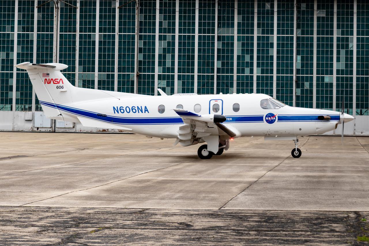 Jeremy Johnson leaving the hangar for a test flight in NASA Glenn Research Center’s PC-12 aircraft on Wednesday, April 16, 2025.