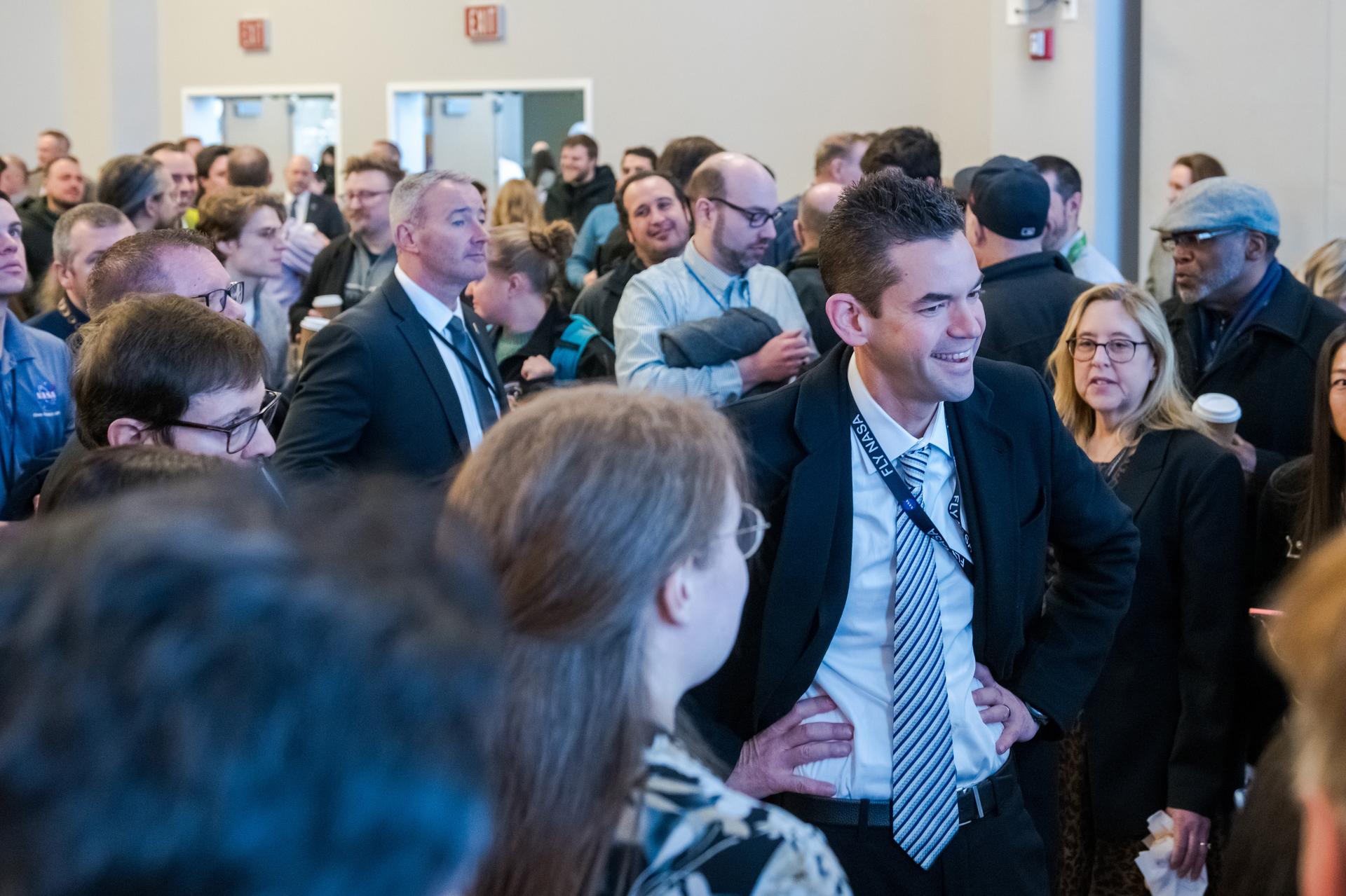 NASA Administrator Jared Isaacman speaks with staff in the Mission Integration Center Auditorium during a visit to NASA's Glenn Research Center in Cleveland on Jan. 27, 2026.