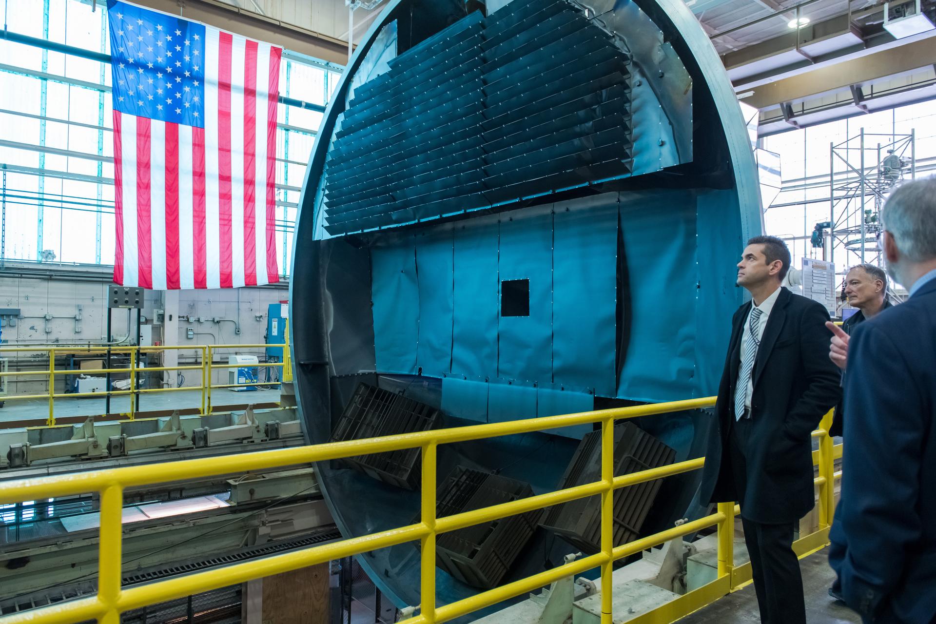 NASA Administrator Jared Isaacman looks inside Vacuum Facility-6 in the Electric Propulsion and Power Laboratory during a visit to NASA's Glenn Research Center in Cleveland on Jan. 27, 2026.