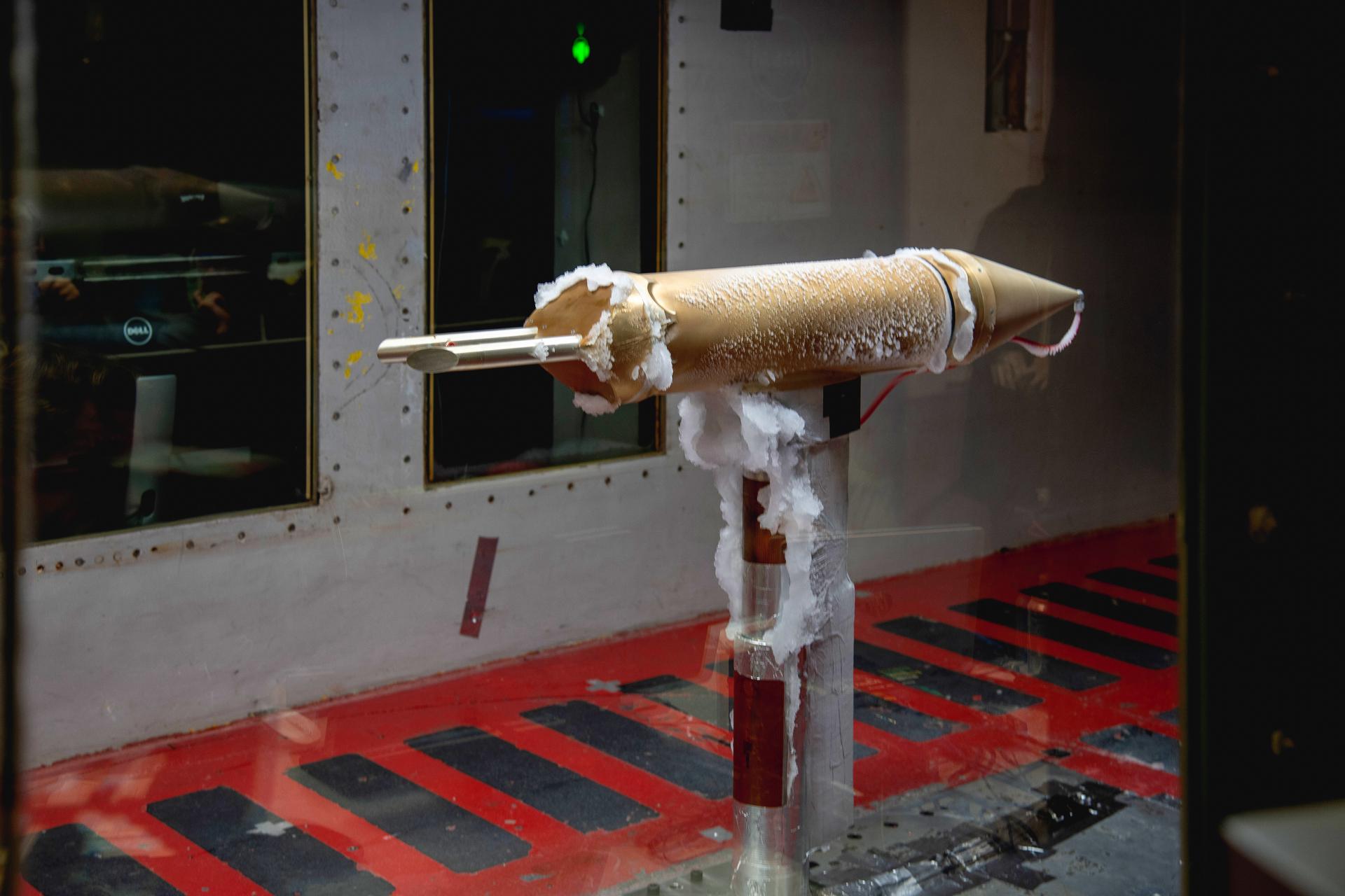 Ice collection seen on un-heated sections of the ice drop detection probe in the test section of the IRT (Icing Research Tunnel). Drop Size Probe testing - SFD (Subsonic Flight Demonstrator) of SLD (Supercooled Large Drop) Instrumentation Test in IRT (Icing Research Tunnel) – Particle Size Distribution Entry, June 8-11, 2026