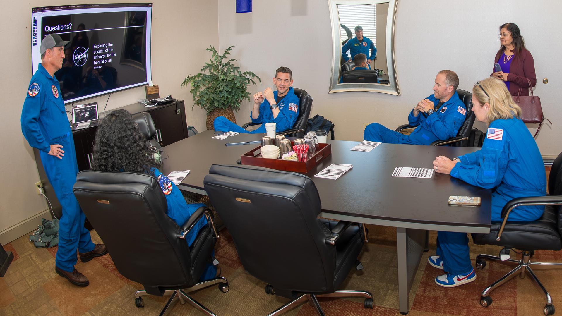 Pilots Brian HANDY Lauber, NASA Administrator Jared Isaacman, and Doug TUT Demko along with riders Greeta Thaikattil and Heather Brown sit for the flight briefing at Atlantic Aviation in Cleveland, Ohio for their Freedom 250 flight.  Their flyover flight was for an NFL game between the Cleveland Browns and the Carolina Panthers at Huntington Bank Field, Sunday, September 27th, 2026, in Cleveland, Ohio. NASA’s engagement at NFL games is part of the agency’s Inspiration Tour, aimed at strengthening connections between NASA and its partners and showcasing innovation in air and space in the lead up to the MAX POWER aerospace technology expo and airshow at the agency’s Kennedy Space Center in early November.