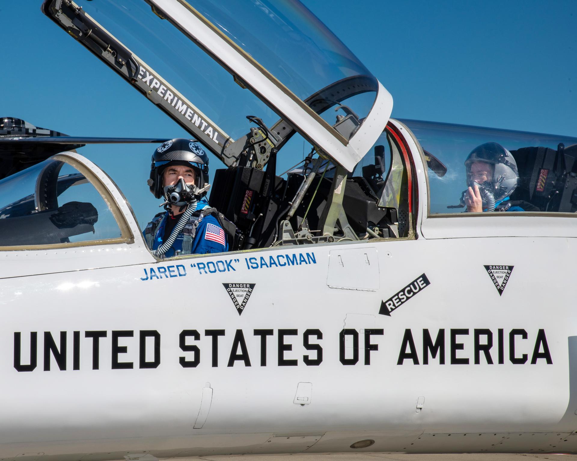 NASA Administrator Jared Isaacman is seen sitting in his jet ready to take off from Cleveland Hopkins Airport. Seated in the back seat is rider Heather Brown.  This is part of the 2026 NASA Inspiration Tours