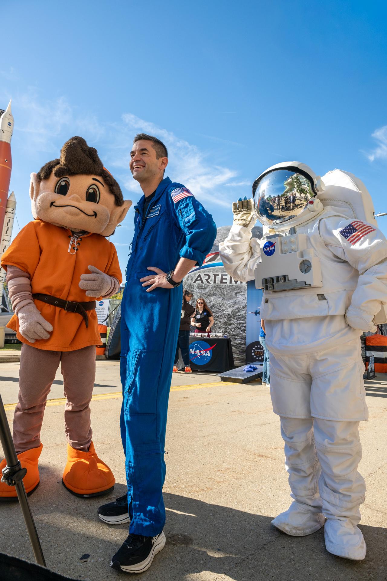 NASA Administrator Jared Isaacman during an interview with Cleveland Browns’ mascot, Brownie the Elf, and Eva the Astronaut at an NFL game between the Cleveland Browns and the Carolina Panthers at Huntington Bank Field, Sunday, September 27th, 2026, in Cleveland, Ohio. NASA’s engagement at NFL games is part of the agency’s Inspiration Tour, aimed at strengthening connections between NASA and its partners and showcasing innovation in air and space in the lead up to the MAX POWER aerospace technology expo and airshow at the agency’s Kennedy Space Center in early November. Photo Credit: (NASA/Jordan Cochran)