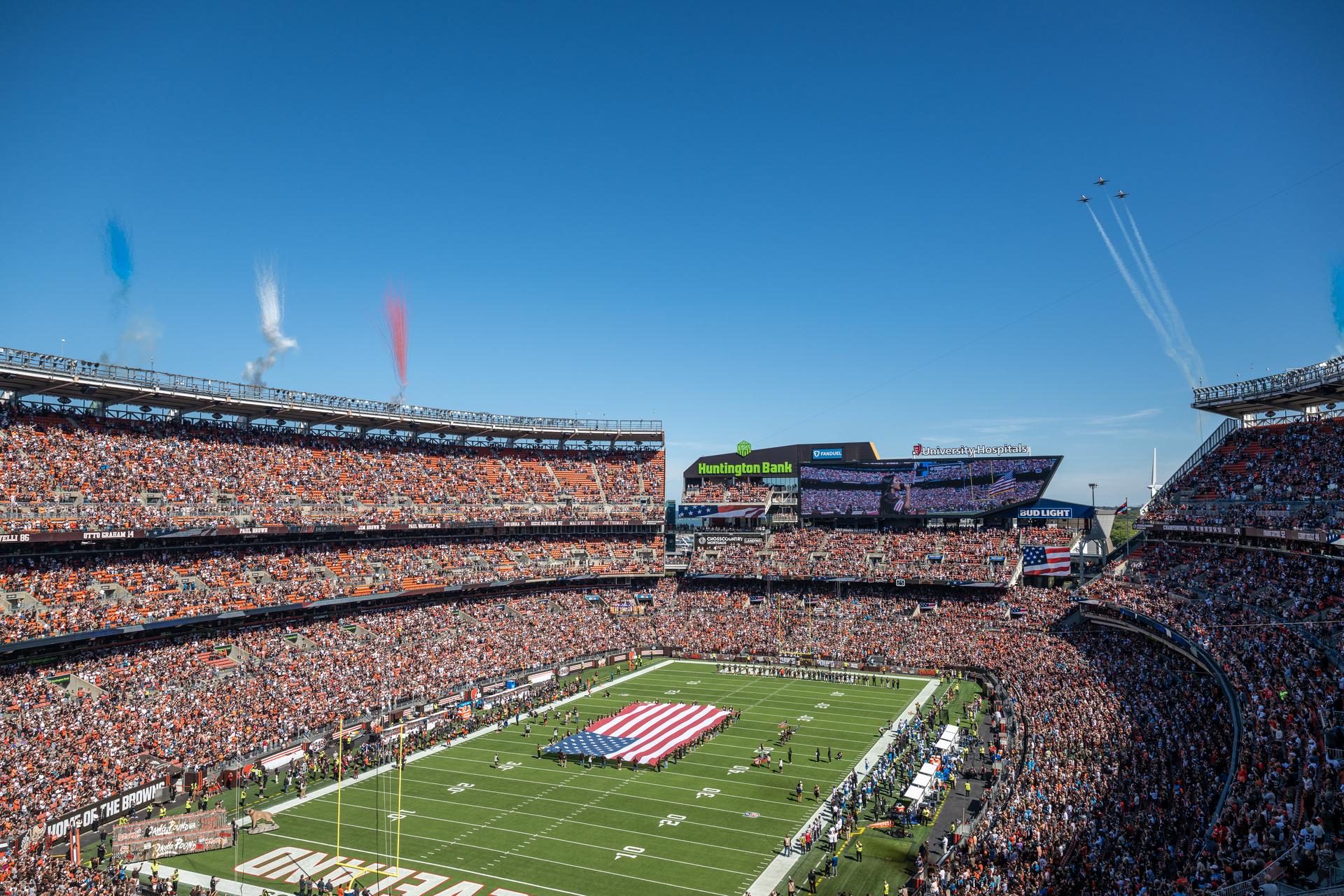 NASA Administrator Jared Isaacman and his Freedom 250 F-5 team (Jerry "Jive" Kerby and Doug "Tut" Demko) preform the Browns' first-ever NASA flyover during the National Anthem at an NFL game between the Cleveland Browns and the Carolina Panthers at Huntington Bank Field, Sunday, September 27th, 2026, in Cleveland, Ohio. NASA’s engagement at NFL games is part of the agency’s Inspiration Tour, aimed at strengthening connections between NASA and its partners and showcasing innovation in air and space in the lead up to the MAX POWER aerospace technology expo and airshow at the agency’s Kennedy Space Center in early November. Photo Credit: (NASA/Jordan Cochran)