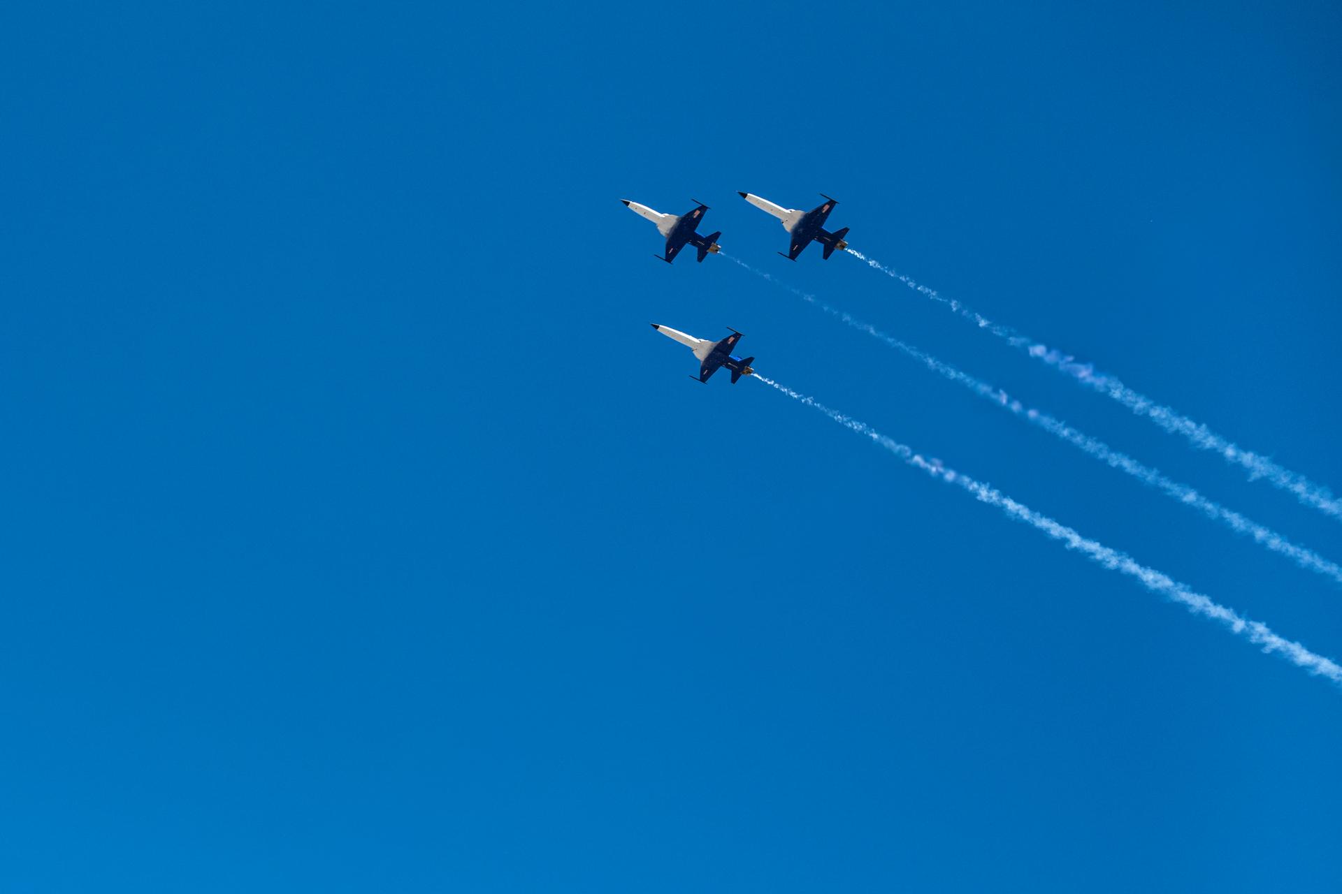 NASA Administrator Jared Isaacman and his Freedom 250 F-5 team (Jerry "Jive" Kerby and Doug "Tut" Demko) preform the Browns' first-ever NASA flyover during the National Anthem at an NFL game between the Cleveland Browns and the Carolina Panthers at Huntington Bank Field, Sunday, September 27th, 2026, in Cleveland, Ohio. NASA’s engagement at NFL games is part of the agency’s Inspiration Tour, aimed at strengthening connections between NASA and its partners and showcasing innovation in air and space in the lead up to the MAX POWER aerospace technology expo and airshow at the agency’s Kennedy Space Center in early November. Photo Credit: (NASA/Jordan Cochran)