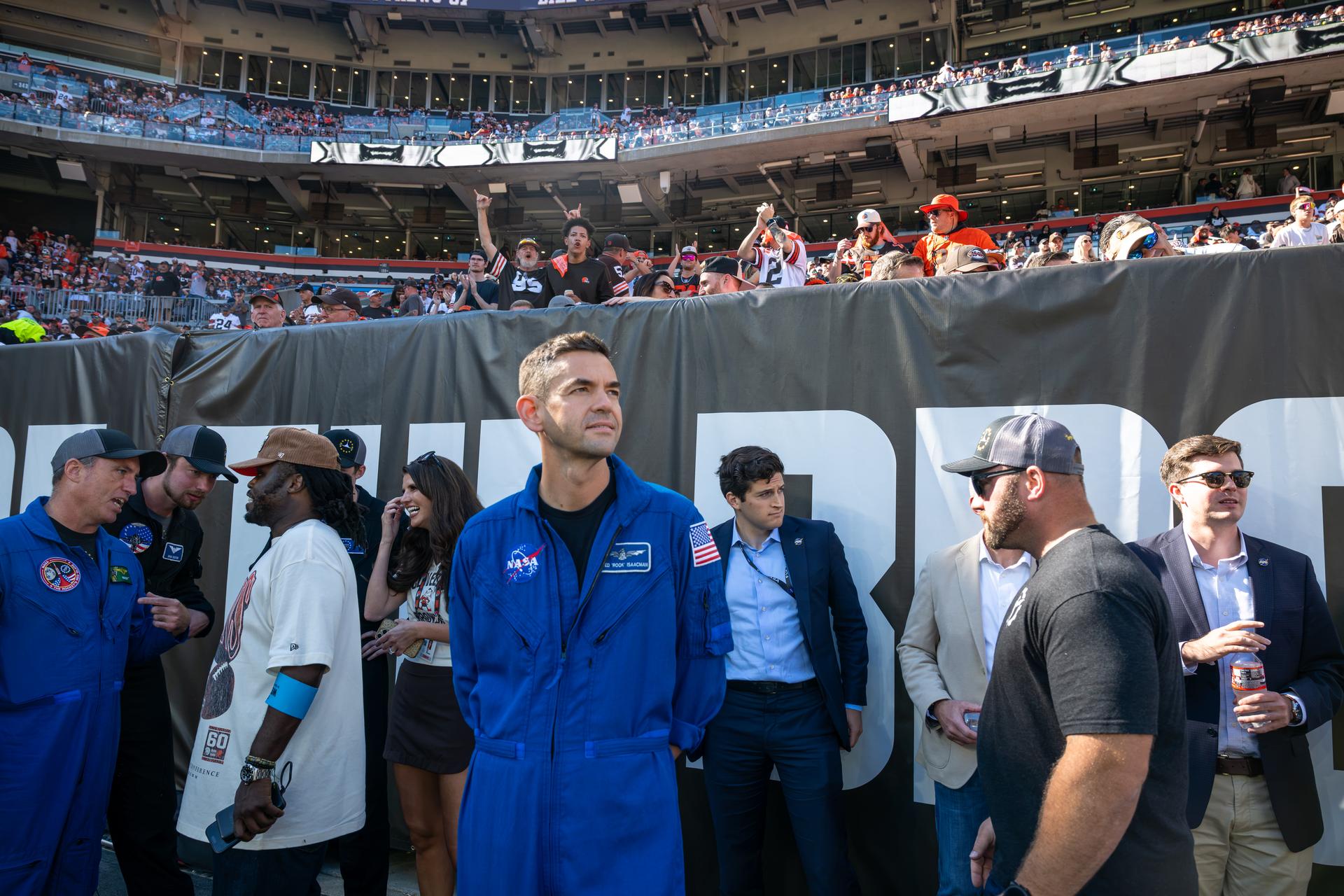 NASA Administrator Jared Isaacman watches fans at an NFL game between the Cleveland Browns and the Carolina Panthers at Huntington Bank Field, Sunday, September 27th, 2026, in Cleveland, Ohio. NASA’s engagement at NFL games is part of the agency’s Inspiration Tour, aimed at strengthening connections between NASA and its partners and showcasing innovation in air and space in the lead up to the MAX POWER aerospace technology expo and airshow at the agency’s Kennedy Space Center in early November. Photo Credit: (NASA/Jordan Cochran)
