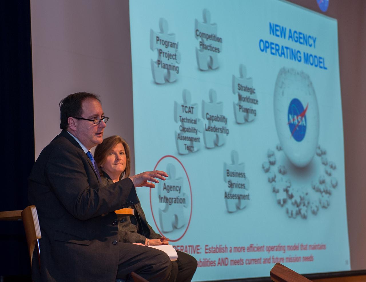 NASA Associate Administrator Robert Lightfoot and Deputy Associate Administrator Lesa Roe at All Hands in the Noels Hinners Auditorium