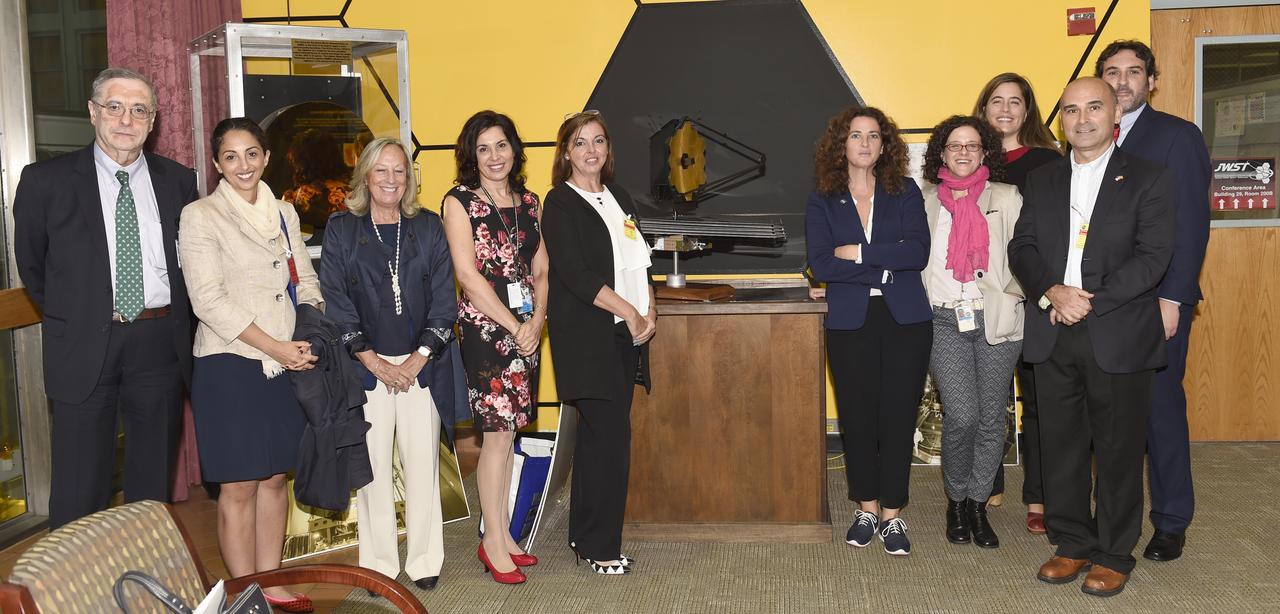 Delegates from the Embassy of Spain visited Goddard on Sept 29, 2016.  Center Director Chris Scolese gave a brief overview of the Center and  the guests then toured B29 James Webb Space Telescope (JWST) in clean room,  and B28 Hyperwall.
