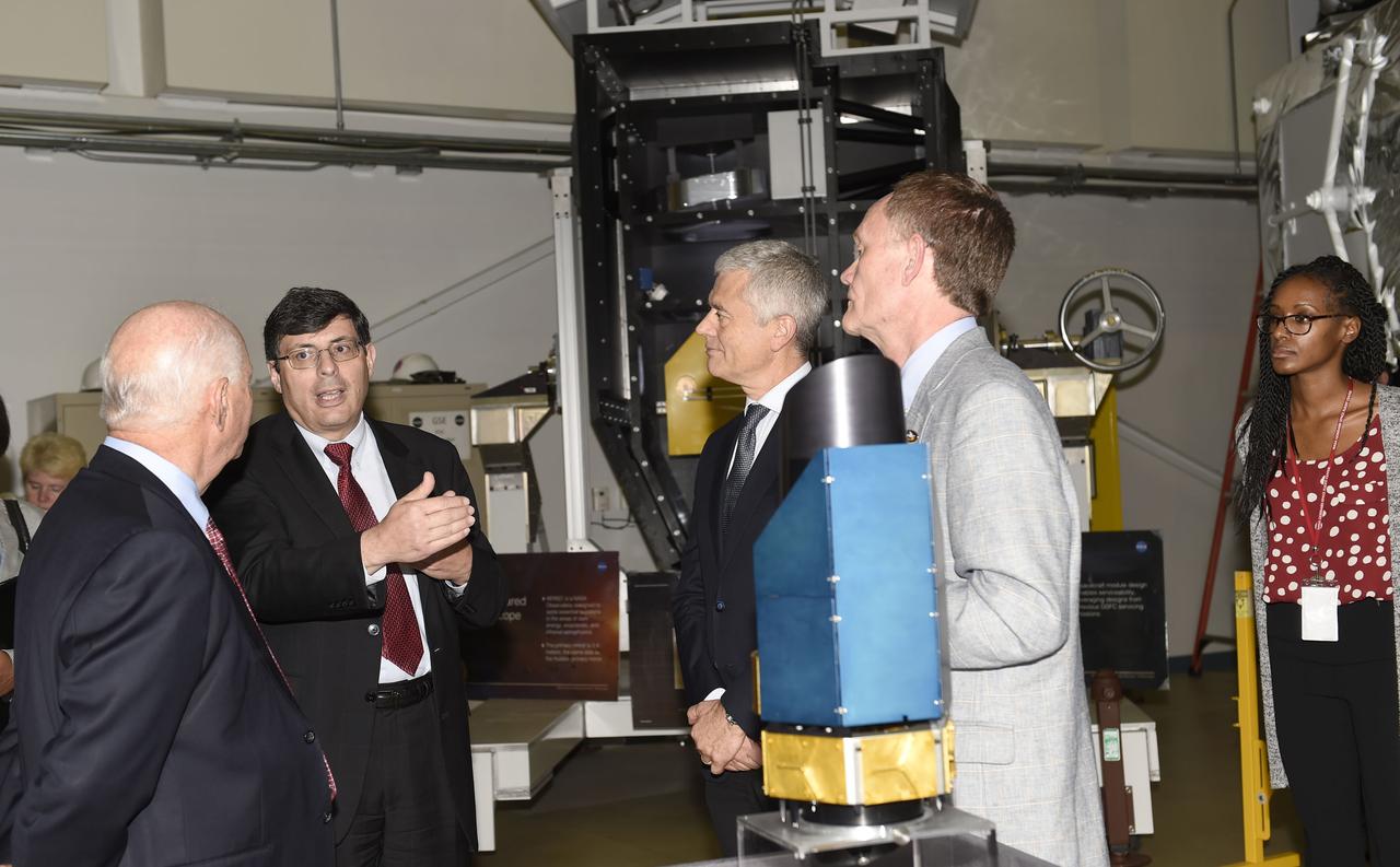Senator Ben Cardin along with members of the Maryland Space Business Roundtable  visited Goddard on Sept. 30, 2016.  Center Director Chris Scolese welcomed them  and they toured James Webb Space Telescope (JWST), WFirst,  the Satellite Servicing facility  and ICEsat-2 ATLAS facility.