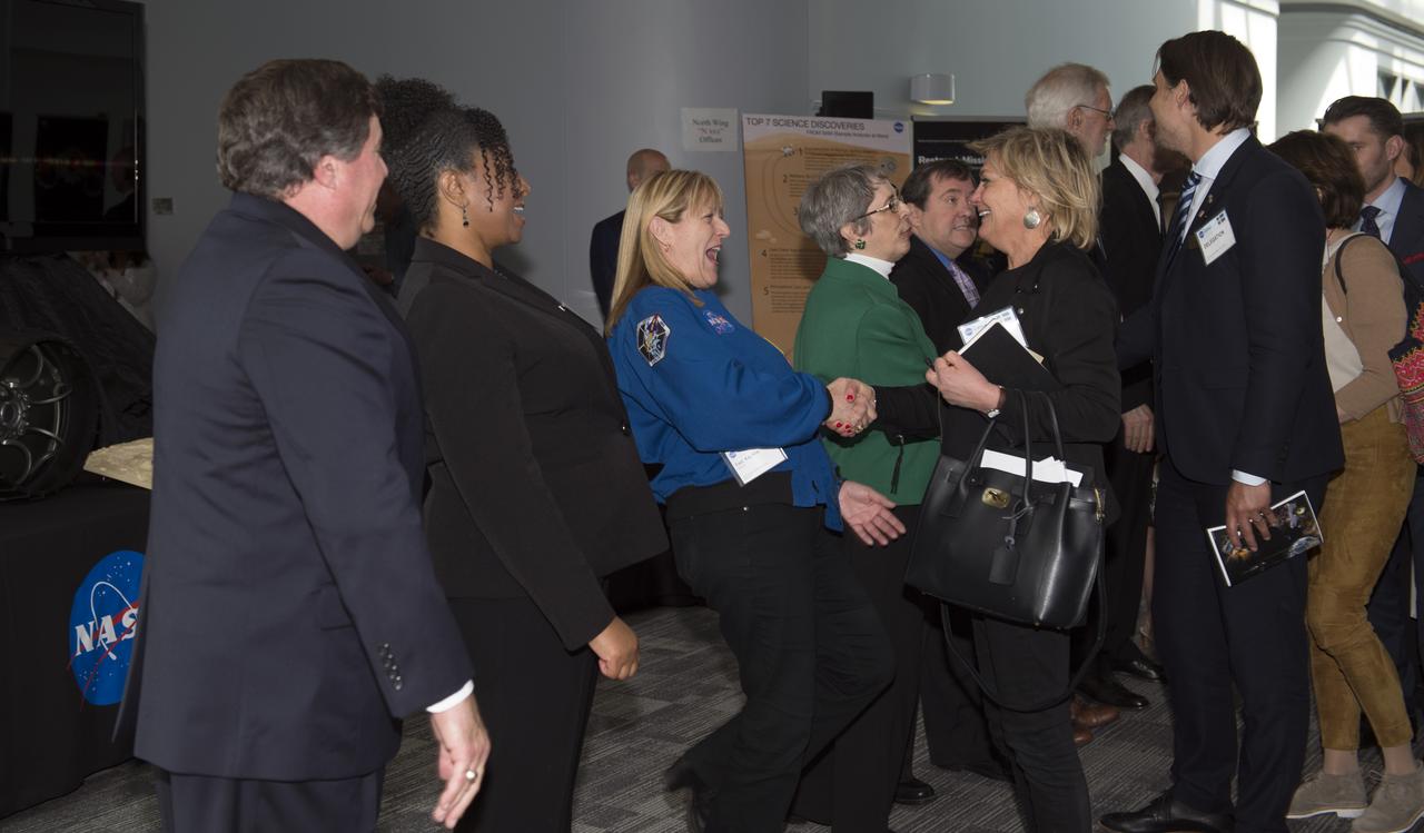 Swedish Delegation was greeted by Center Director Chris Scolese and staff at Building 28.  Kay Hire astronaut, greets member of delegation as George Morrow and Christyl Johnson look on.