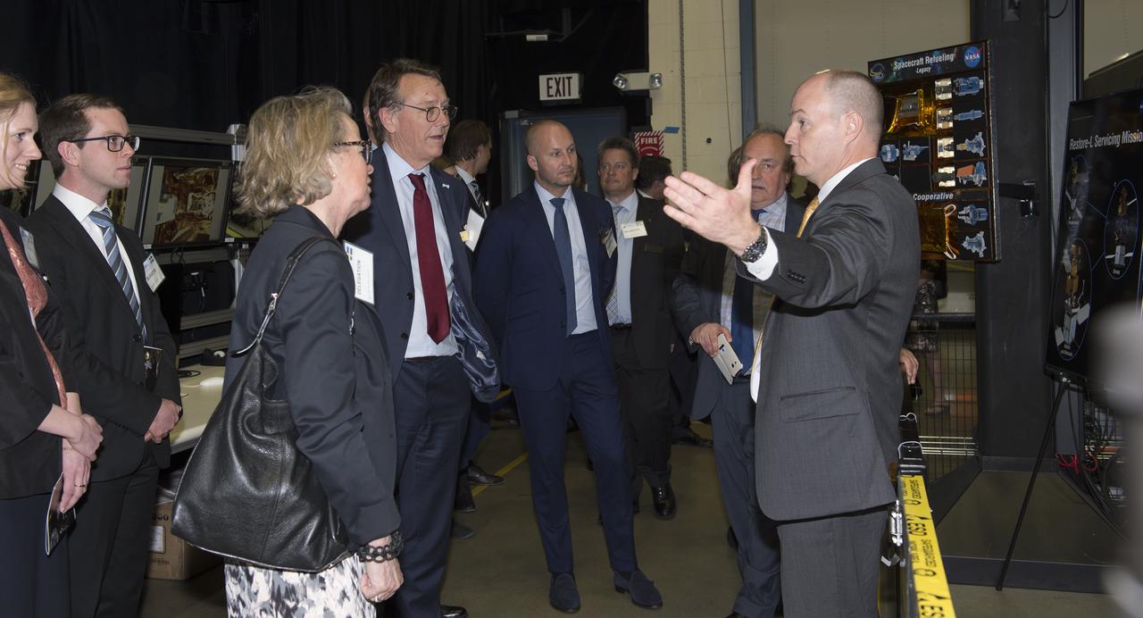 Swedish Delegation visited Goddard on May 3, 2017.  Benjamin Reed gives overview of Robotics Operations Center in Building 29.