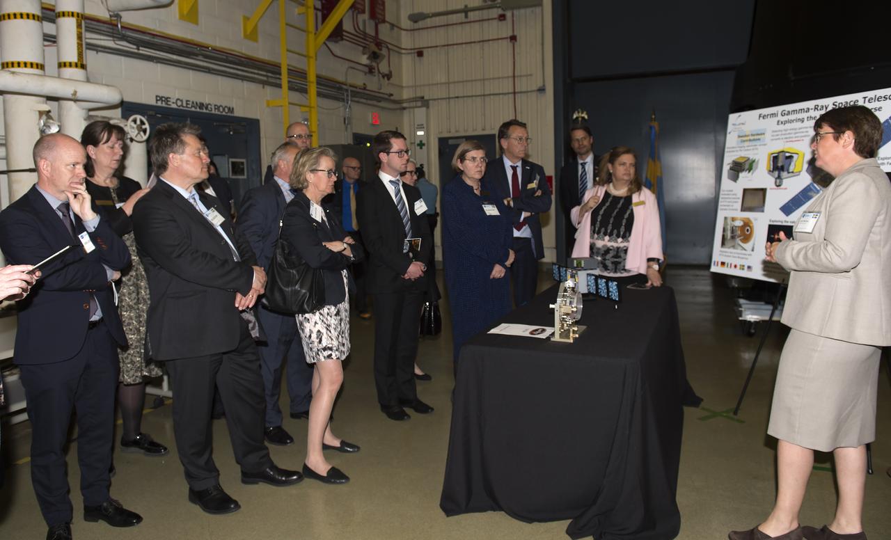 Swedish Delegation visit Goddard on May 3, 2017. Members of the Royal Swedish Academy of Engineering Sciences listen as Wide Field Infrared Survey Telescope (WFIRST) project personnel give an overview of the mission