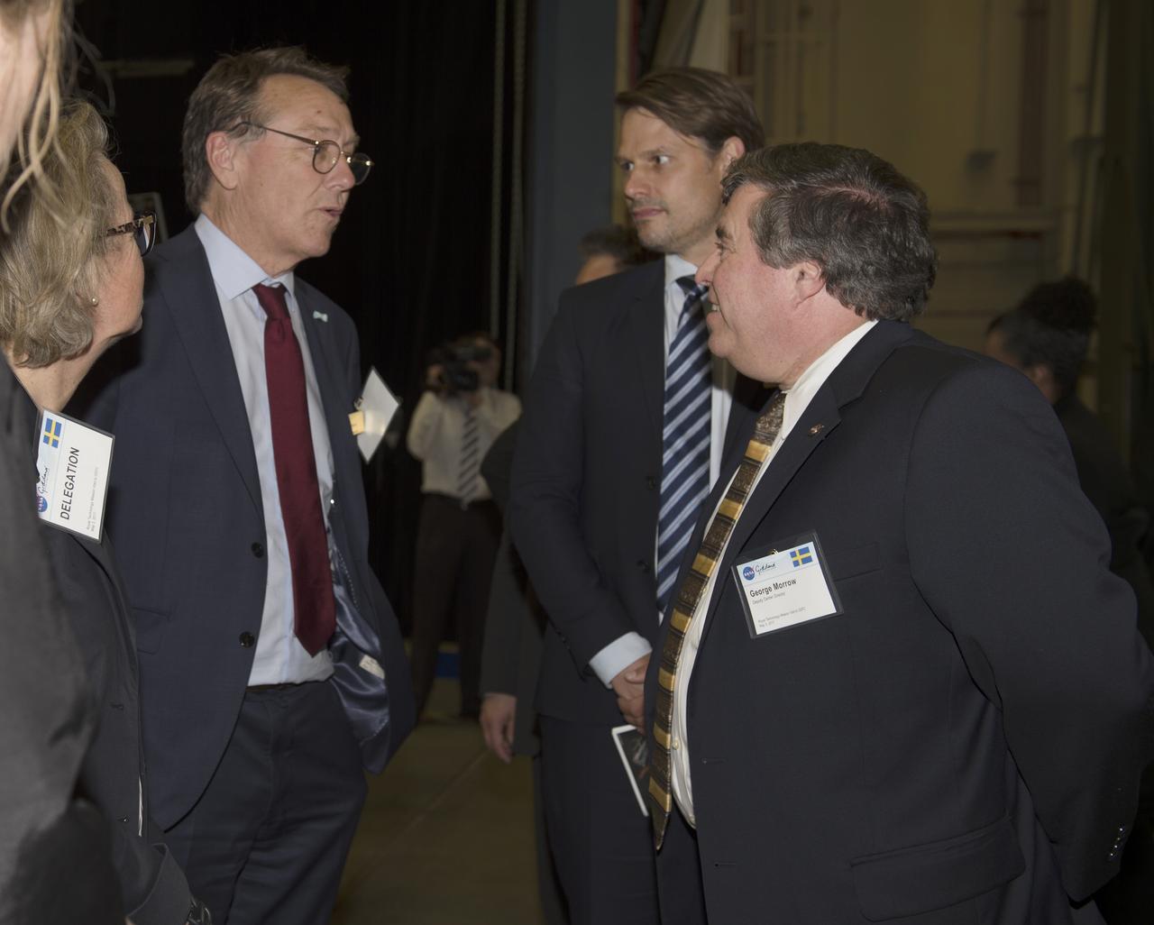 Swedish Delegation visited Goddard on May 3, 2017.  George Morrow greets members of Swedish Delegation prior to tour of Building 29 facilities.