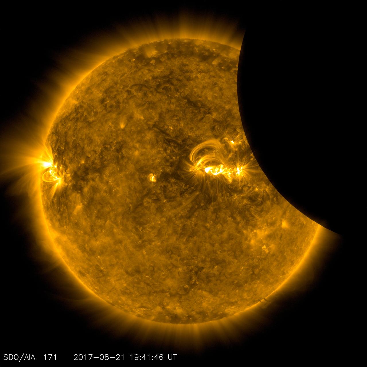 Image of the Moon transiting across the Sun, taken by SDO in 171 angstrom extreme ultraviolet light on August 21, 2017. Credit: NASA/SDO