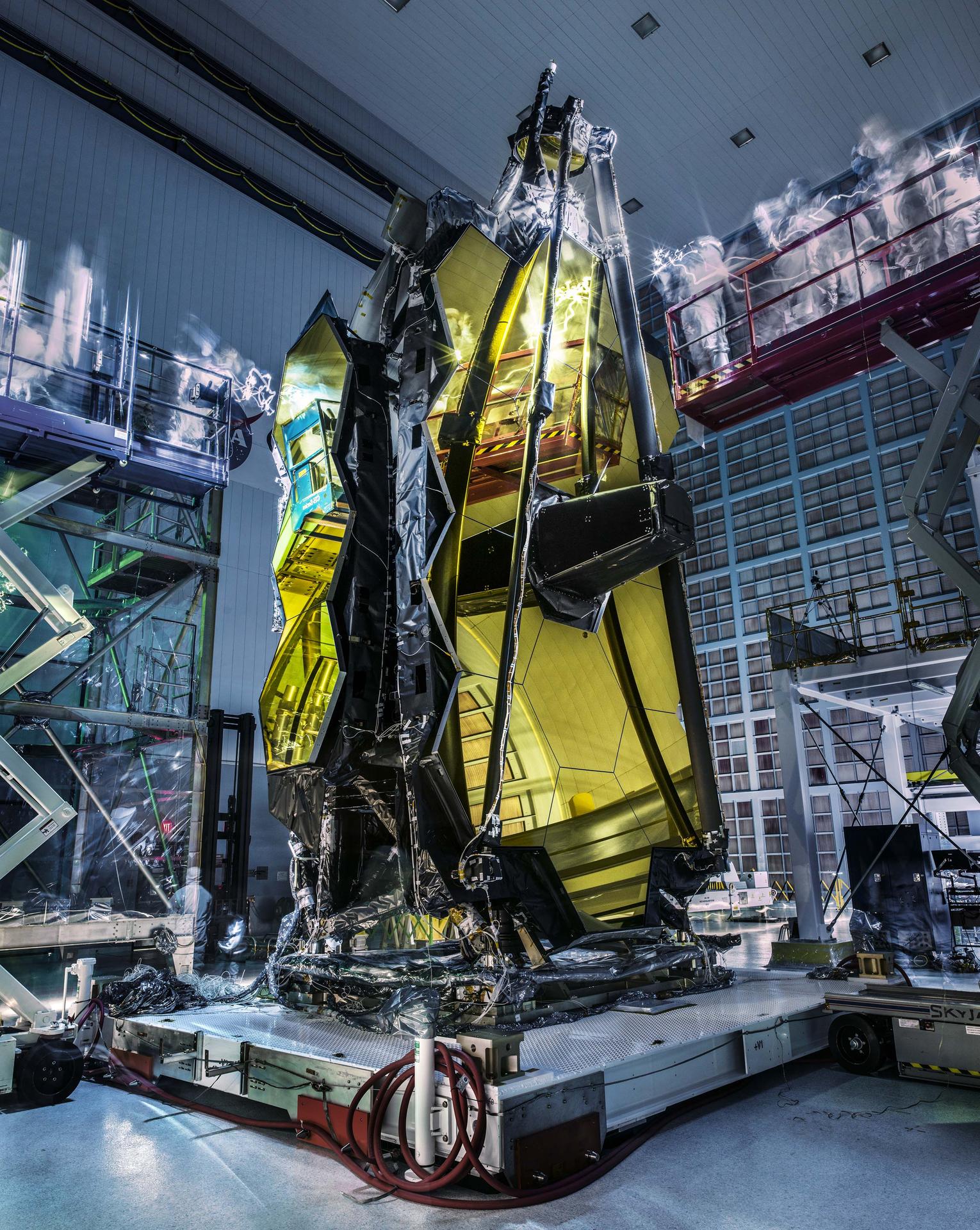 The James Webb Space Telescope folded up in a cleanroom.