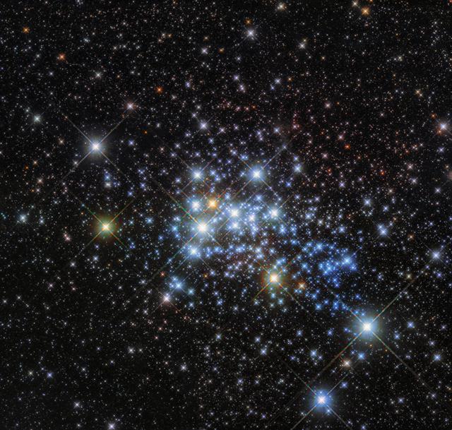 This beautiful Hubble image reveals a young super star cluster known as Westerlund 1, only 15,000 light-years away in our Milky Way neighborhood, yet home to one of the largest stars ever discovered. Stars are classified according to their spectral type, surface temperature, and luminosity. While studying and classifying the cluster’s constituent stars, astronomers discovered that Westerlund 1 is home to an enormous star. Originally named Westerlund 1-26, this monster star is a red supergiant (although sometimes classified as a hypergiant) with a radius over 1,500 times that of our sun. If Westerlund 1-26 were placed where our sun is in our solar system, it would extend out beyond the orbit of Jupiter. Most of Westerlund 1’s stars are thought to have formed in the same burst of activity, meaning that they have similar ages and compositions. The cluster is relatively young in astronomical terms —at around three million years old it is a baby compared to our own sun, which is some 4.6 billion years old. Credit: ESA/Hubble & NASA