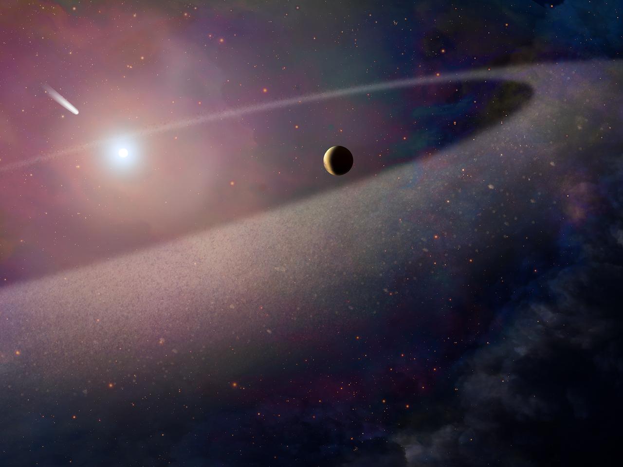 For the first time, scientists using NASA’s Hubble Space Telescope have witnessed a massive object with the makeup of a comet being ripped apart and scattered in the atmosphere of a white dwarf, the burned-out remains of a compact star. The object has a chemical composition similar to Halley’s Comet, but it is 100,000 times more massive and has a much higher amount of water. It is also rich in the elements essential for life, including nitrogen, carbon, oxygen, and sulfur.  These findings are evidence for a belt of comet-like bodies orbiting the white dwarf, similar to our solar system’s Kuiper Belt. These icy bodies apparently survived the star’s evolution as it became a bloated red giant and then collapsed to a small, dense white dwarf.  Caption: This artist's concept shows a massive, comet-like object falling toward a white dwarf. New Hubble Space Telescope findings are evidence for a belt of comet-like bodies orbiting the white dwarf, similar to our solar system's Kuiper Belt. The findings also suggest the presence of one or more unseen surviving planets around the white dwarf, which may have perturbed the belt to hurl icy objects into the burned-out star.  Credits: NASA, ESA, and Z. Levay (STScI)  <b><a href="http://www.nasa.gov/audience/formedia/features/MP_Photo_Guidelines.html" rel="nofollow">NASA image use policy.</a></b>  <b><a href="http://www.nasa.gov/centers/goddard/home/index.html" rel="nofollow">NASA Goddard Space Flight Center</a></b> enables NASA’s mission through four scientific endeavors: Earth Science, Heliophysics, Solar System Exploration, and Astrophysics. Goddard plays a leading role in NASA’s accomplishments by contributing compelling scientific knowledge to advance the Agency’s mission.  <b>Follow us on <a href="http://twitter.com/NASAGoddardPix" rel="nofollow">Twitter</a></b>  <b>Like us on <a href="http://www.facebook.com/pages/Greenbelt-MD/NASA-Goddard/395013845897?ref=tsd" rel="nofollow">Facebook</a></b>  <b>Find us on <a href="http://instagrid.me/nasagoddard/?vm=grid" rel="nofollow">Instagram</a></b>    