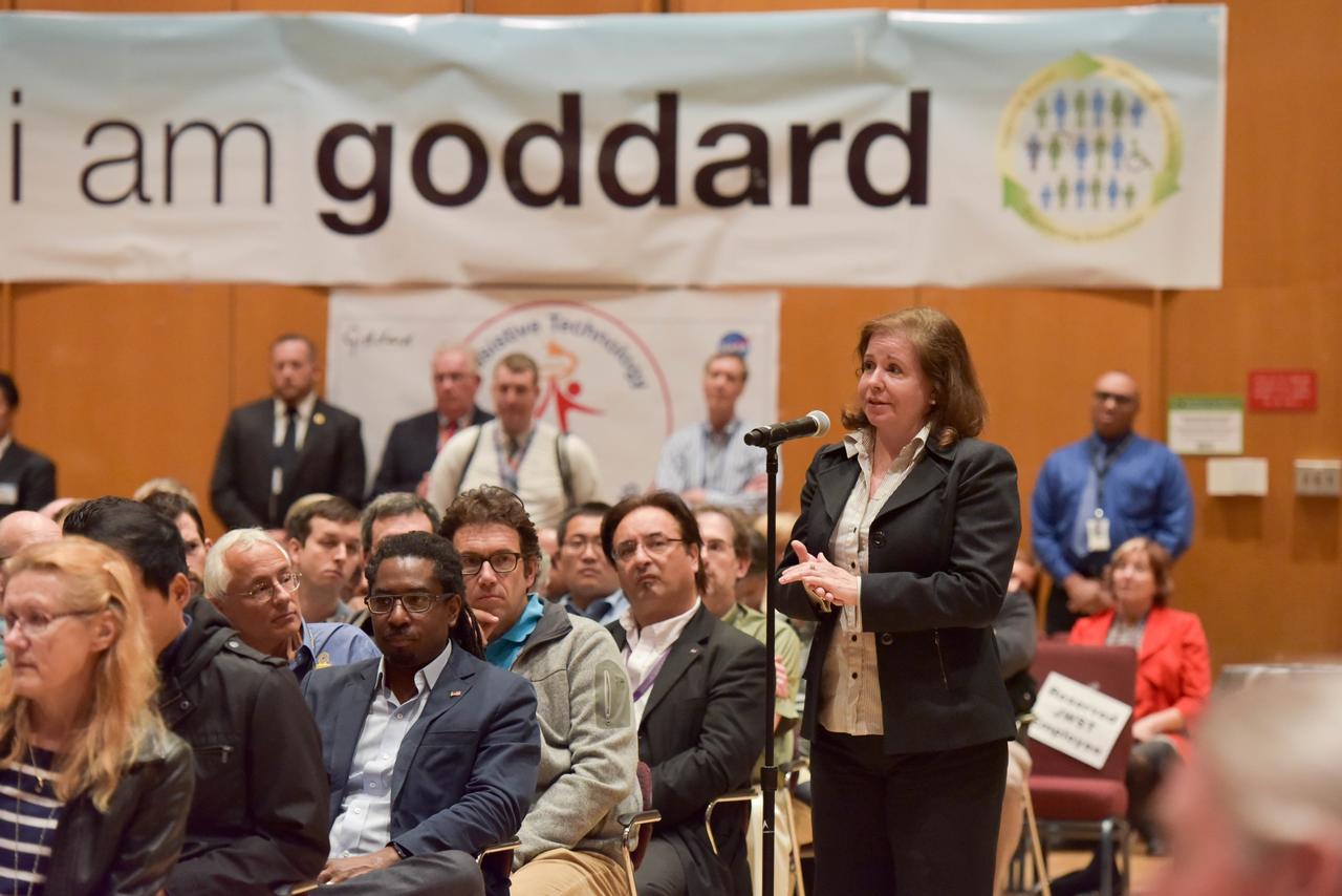 Goddard employees were invited to a town hall with NASA Administrator Charlie Bolden, Associate Administrator for the NASA Science Mission Directorate Thomas Zurbuchen and Goddard Center Director Chris Scolese, Nov. 2, at 11:30 a.m. in the Hinners Auditorium in Building 8.  Bolden thanked the James Webb Space Telescope team at Goddard as well as our international and corporate partners for their exceptional support.   Credit: NASA/Goddard 