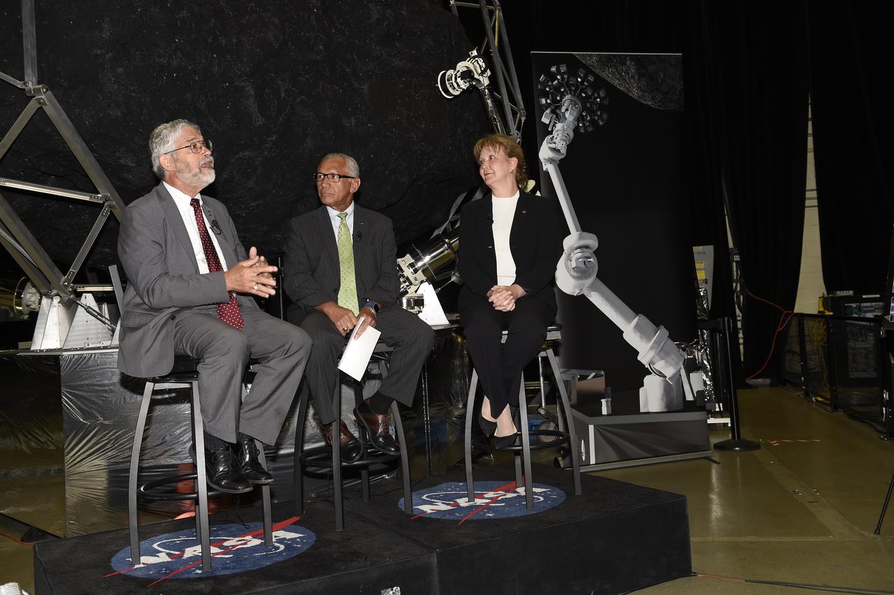 Dr. Holdren (left), Administrator Bolden (center) and Dr. Michele Gates (right) discuss the ARM mission during a live NASA TV briefing. Behind them is a mockup of robotic capture module for the Asteroid Redirect Mission. More info: Asteroid Redirect Mission Update – On Sept. 14, 2016, NASA provided an update on the Asteroid Redirect Mission (ARM) and how it contributes to the agency’s journey to Mars and protection of Earth. The presentation took place in the Robotic Operations Center at NASA’s Goddard Space Flight Center in Greenbelt, Maryland. Assistant to the President for Science and Technology Dr. John P. Holdren, NASA Administrator Charles Bolden and NASA’s ARM Program Director, Dr. Michele Gates discussed the latest update regarding the mission. They explained the mission’s scientific and technological benefits and how ARM will demonstrate technology for defending Earth from potentially hazardous asteroids. The briefing aired live on NASA TV and the agency’s website. For more information about ARM go to <a href="https://www.nasa.gov/arm" rel="nofollow">www.nasa.gov/arm</a>. Credit: NASA/Goddard/Debbie Mccallum <b><a href="http://www.nasa.gov/audience/formedia/features/MP_Photo_Guidelines.html" rel="nofollow">NASA image use policy.</a></b> <b><a href="http://www.nasa.gov/centers/goddard/home/index.html" rel="nofollow">NASA Goddard Space Flight Center</a></b> enables NASA’s mission through four scientific endeavors: Earth Science, Heliophysics, Solar System Exploration, and Astrophysics. Goddard plays a leading role in NASA’s accomplishments by contributing compelling scientific knowledge to advance the Agency’s mission. <b>Follow us on <a href="http://twitter.com/NASAGoddardPix" rel="nofollow">Twitter</a></b> <b>Like us on <a href="http://www.facebook.com/pages/Greenbelt-MD/NASA-Goddard/395013845897?ref=tsd" rel="nofollow">Facebook</a></b> <b>Find us on <a href="http://instagrid.me/nasagoddard/?vm=grid" rel="nofollow">Instagram</a></b>