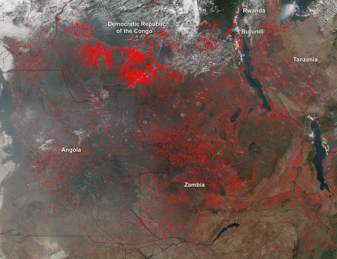 Widespread agricultural burning continues throughout central Africa. Smoke and fires in several countries were seen by the Suomi NPP satellite. Most of the fires were burning in the southern region of the Democratic Republic of the Congo, Tanzania, Zambia and Angola.  NASA-NOAA's Suomi NPP satellite's Visible Infrared Imaging Radiometer Suite (VIIRS) instrument captured a look at multiple fires and smoke on August 1 at 7:55 a.m. EDT (11:55 UTC). Actively burning areas, detected by VIIRS are outlined in red.  Credit: NASA/Jeff Schmaltz/NASA Goddard Rapid Response Team  <b><a href="http://www.nasa.gov/audience/formedia/features/MP_Photo_Guidelines.html" rel="nofollow">NASA image use policy.</a></b>  <b><a href="http://www.nasa.gov/centers/goddard/home/index.html" rel="nofollow">NASA Goddard Space Flight Center</a></b> enables NASA’s mission through four scientific endeavors: Earth Science, Heliophysics, Solar System Exploration, and Astrophysics. Goddard plays a leading role in NASA’s accomplishments by contributing compelling scientific knowledge to advance the Agency’s mission.  <b>Follow us on <a href="http://twitter.com/NASAGoddardPix" rel="nofollow">Twitter</a></b>  <b>Like us on <a href="http://www.facebook.com/pages/Greenbelt-MD/NASA-Goddard/395013845897?ref=tsd" rel="nofollow">Facebook</a></b>  <b>Find us on <a href="http://instagrid.me/nasagoddard/?vm=grid" rel="nofollow">Instagram</a></b>  