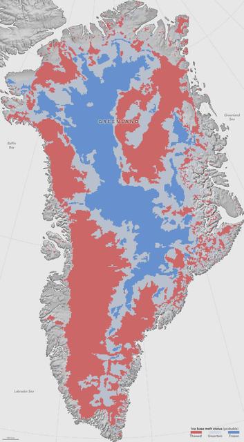 NASA researchers have helped produce the first map showing what parts of the bottom of the massive Greenland Ice Sheet are thawed – key information in better predicting how the ice sheet will react to a warming climate. Greenland’s thick ice sheet insulates the bedrock below from the cold temperatures at the surface, so the bottom of the ice is often tens of degrees warmer than at the top, because the ice bottom is slowly warmed by heat coming from the Earth’s depths. Knowing whether Greenland’s ice lies on wet, slippery ground or is anchored to dry, frozen bedrock is essential for predicting how this ice will flow in the future, But scientists have very few direct observations of the thermal conditions beneath the ice sheet, obtained through fewer than two dozen boreholes that have reached the bottom. Now, a new study synthesizes several methods to infer the Greenland Ice Sheet’s basal thermal state –whether the bottom of the ice is melted or not– leading to the first map that identifies frozen and thawed areas across the whole ice sheet. Map caption: This first-of-a-kind map, showing which parts of the bottom of the Greenland Ice Sheet are likely thawed (red), frozen (blue) or still uncertain (gray), will help scientists better predict how the ice will flow in a warming climate. Credit: NASA Earth Observatory/Jesse Allen Read more: <a href="http://go.nasa.gov/2avKgl2" rel="nofollow">go.nasa.gov/2avKgl2</a> <b><a href="http://www.nasa.gov/audience/formedia/features/MP_Photo_Guidelines.html" rel="nofollow">NASA image use policy.</a></b> <b><a href="http://www.nasa.gov/centers/goddard/home/index.html" rel="nofollow">NASA Goddard Space Flight Center</a></b> enables NASA’s mission through four scientific endeavors: Earth Science, Heliophysics, Solar System Exploration, and Astrophysics. Goddard plays a leading role in NASA’s accomplishments by contributing compelling scientific knowledge to advance the Agency’s mission. <b>Follow us on <a href="http://twitter.com/NASAGoddardPix" rel="nofollow">Twitter</a></b> <b>Like us on <a href="http://www.facebook.com/pages/Greenbelt-MD/NASA-Goddard/395013845897?ref=tsd" rel="nofollow">Facebook</a></b> <b>Find us on <a href="http://instagrid.me/nasagoddard/?vm=grid" rel="nofollow">Instagram</a></b>