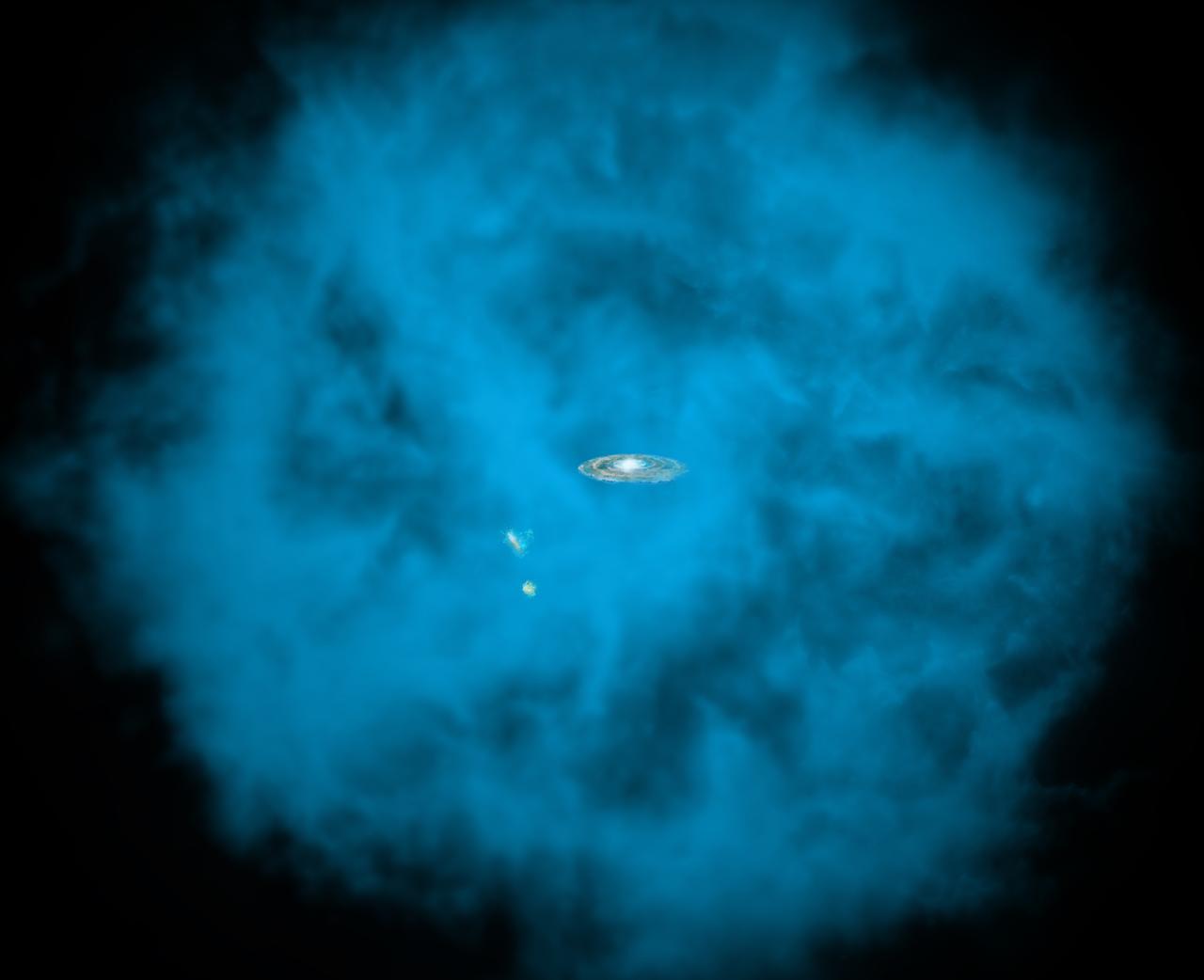 Our Milky Way galaxy and its small companions are surrounded by a giant halo of million-degree gas (seen in blue in this artists' rendition) that is only visible to X-ray telescopes in space. University of Michigan astronomers discovered that this massive hot halo spins in the same direction as the Milky Way disk and at a comparable speed. Read more: <a href="http://go.nasa.gov/29VgLdK" rel="nofollow">go.nasa.gov/29VgLdK</a> Credit: NASA/CXC/M.Weiss/Ohio State/A Gupta et al <b><a href="http://www.nasa.gov/audience/formedia/features/MP_Photo_Guidelines.html" rel="nofollow">NASA image use policy.</a></b> <b><a href="http://www.nasa.gov/centers/goddard/home/index.html" rel="nofollow">NASA Goddard Space Flight Center</a></b> enables NASA’s mission through four scientific endeavors: Earth Science, Heliophysics, Solar System Exploration, and Astrophysics. Goddard plays a leading role in NASA’s accomplishments by contributing compelling scientific knowledge to advance the Agency’s mission. <b>Follow us on <a href="http://twitter.com/NASAGoddardPix" rel="nofollow">Twitter</a></b> <b>Like us on <a href="http://www.facebook.com/pages/Greenbelt-MD/NASA-Goddard/395013845897?ref=tsd" rel="nofollow">Facebook</a></b> <b>Find us on <a href="http://instagrid.me/nasagoddard/?vm=grid" rel="nofollow">Instagram</a></b>